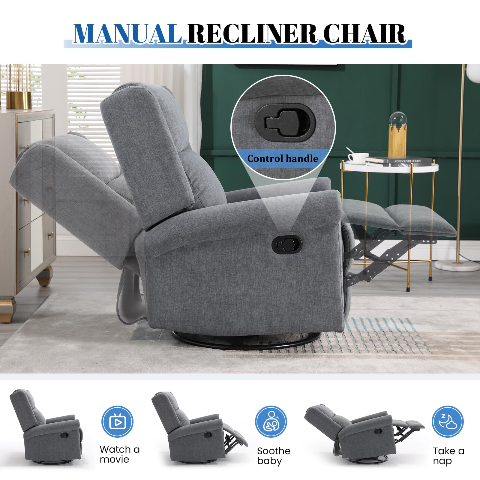 Antetek Swivel Rocking Recliner Chair - Velvet Nursery Glider with Adjustable Footrest & High Back Support, Manual Wingback Upholstered Rocking Chair for Living Room, Nursery, Bedroom - Perfect for Nursing, Reading & Relaxing (Grey)