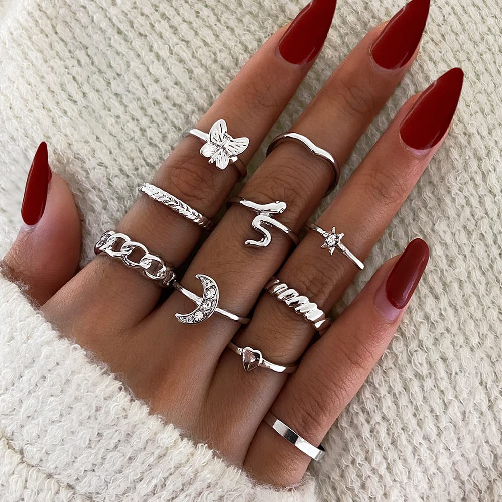 Xerling Women's Silver Rings Set - 10Pcs Boho Butterfly Snake Stackable Rings with Moon & Star Knuckle Rings - Aesthetic Midi Rings for Teen Girls - Perfect for Daily Wear, Parties & Gifts (Silver)