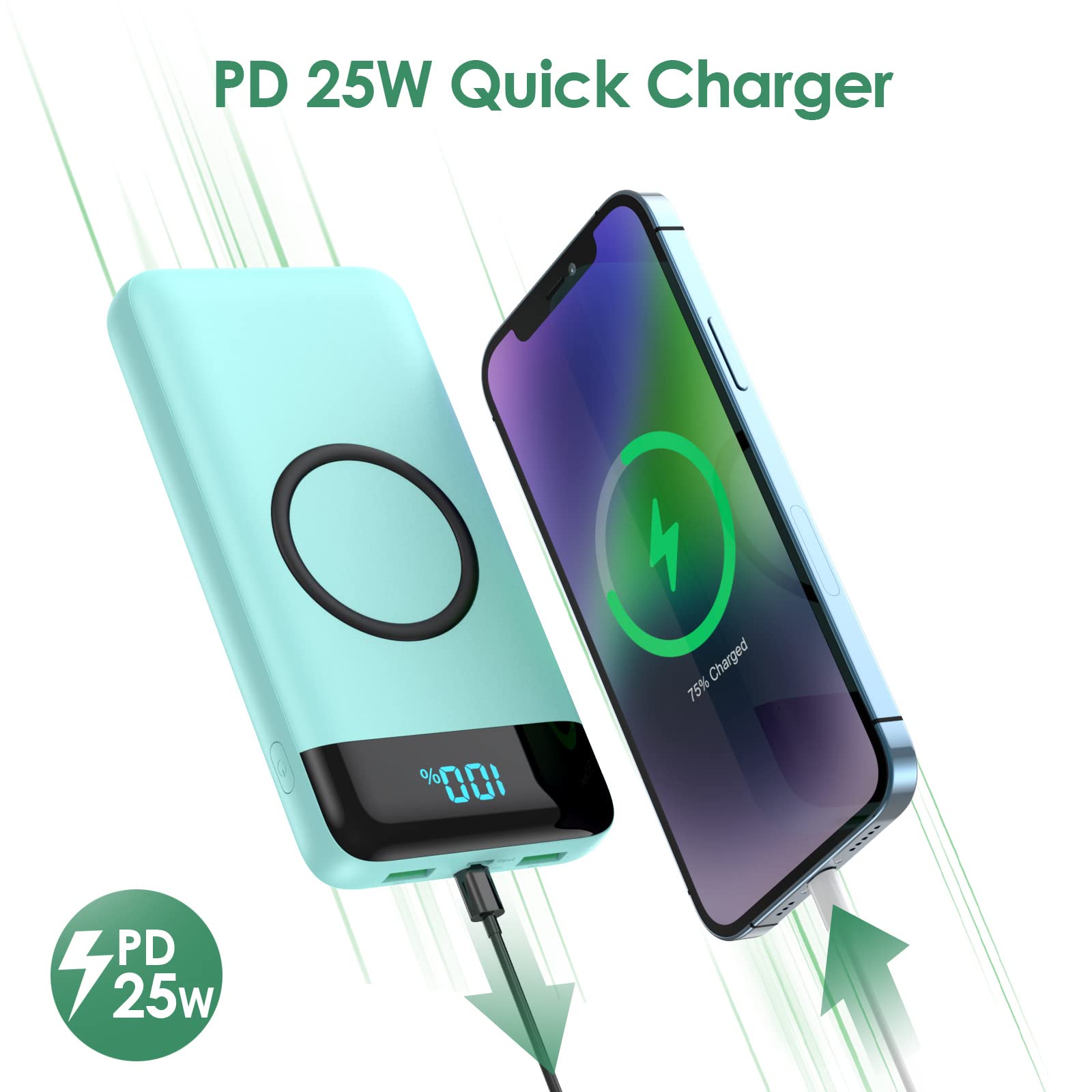 30,800mAh Wireless Portable Charger with 15W Wireless & 25W PD QC4.0 Fast Charging | Smart LED Display Power Bank | 4 Outputs & 2 Inputs | Compatible with iPhone 15/14/13, Samsung Galaxy S23/S22 | Perfect for Travel, Camping & Emergency Power Backup - Green