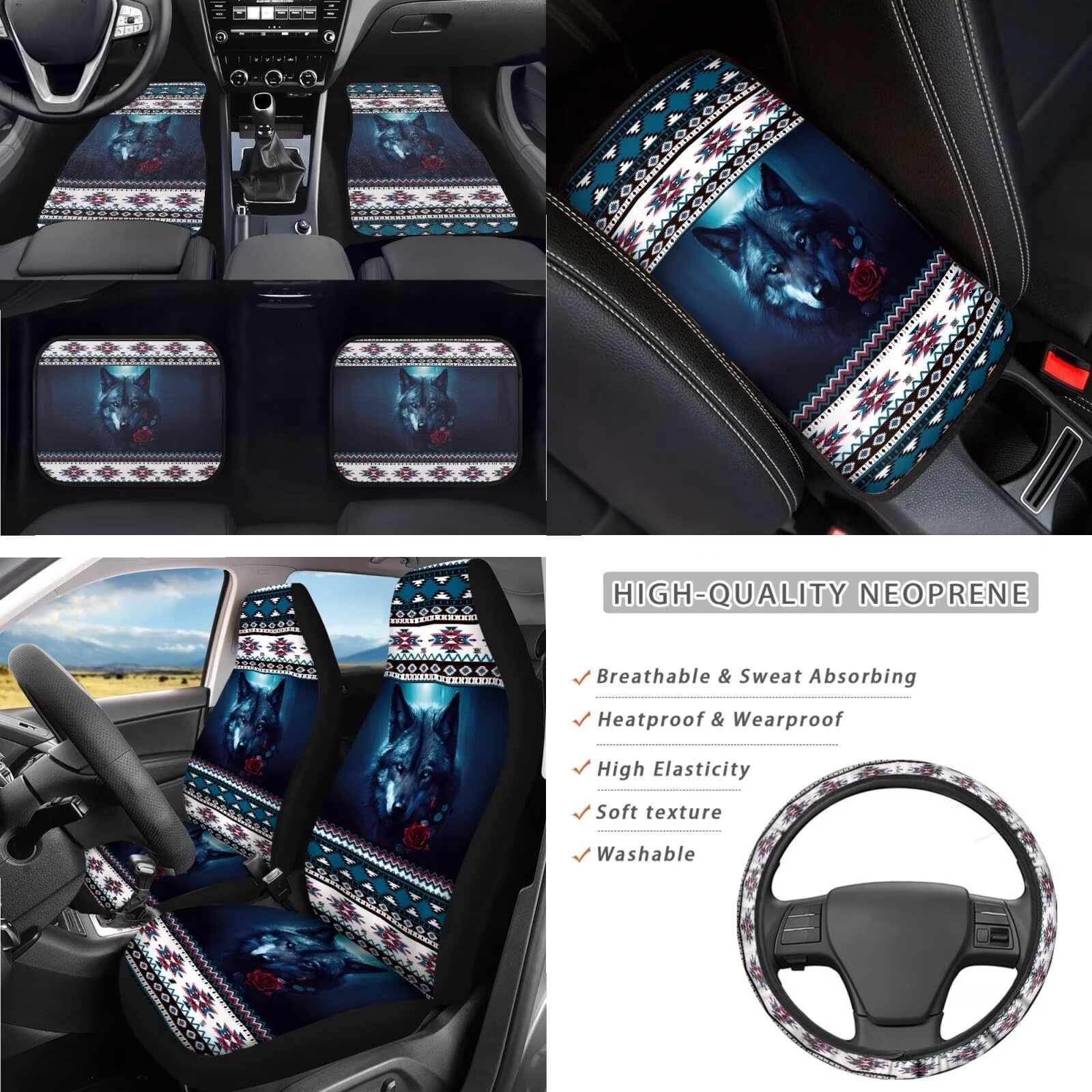Aztec Wolf Printed Car Seat Cover Set - Easy Installation with Mats, Steering Wheel Cover, Armrest Cover & Seat Belt Covers for Adults - Includes Car Coaster & Key Chain for Lipstick - Perfect for Road Trips, Daily Commutes & Car Interior Protection