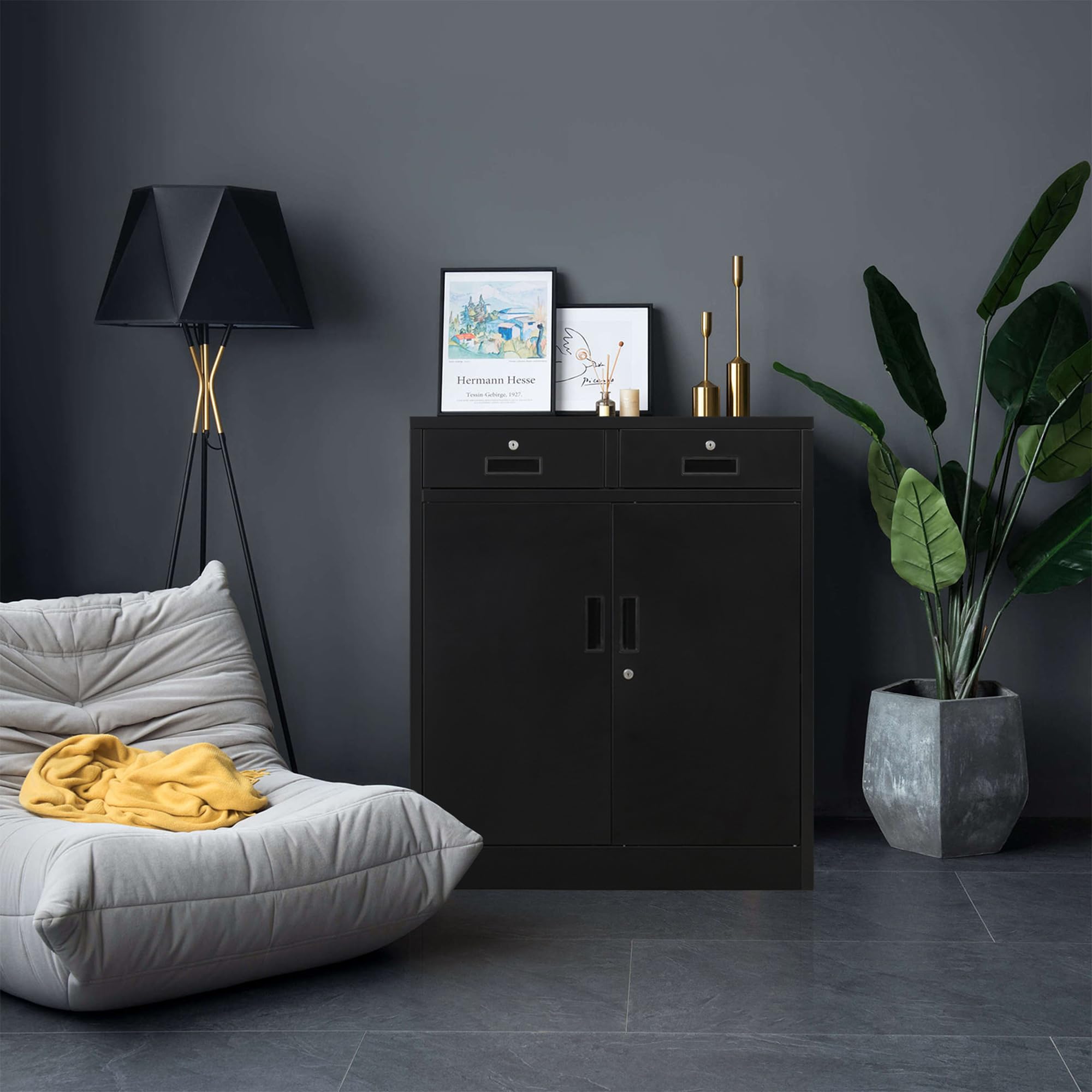 Lockable 2-Drawer Steel Storage Cabinet with Doors & Shelves - 37