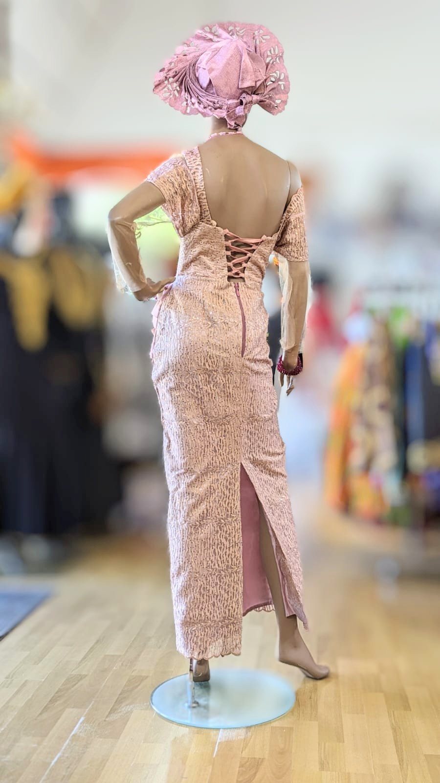 Makaila Rose Gold African Lace Sequins Maxi Bustier Corset Dress for Women | Elegant Evening Gown for Prom, Wedding, and Special Occasions | Plus Size Formal Dress with Beaded Embroidery