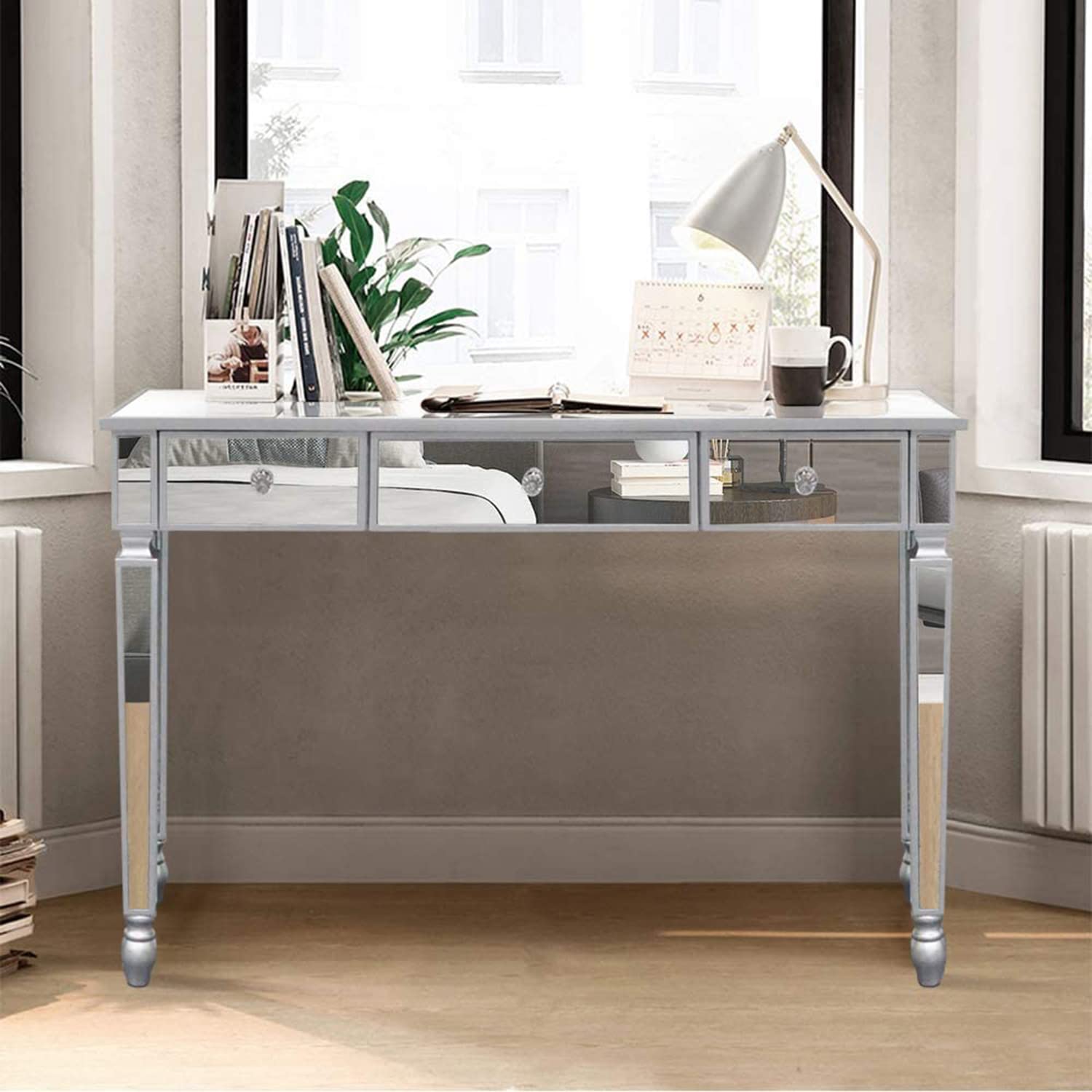 Modern Silver Mirrored Vanity Desk with 3 Drawers - Glass Console Table & Makeup Dressing Table for Bedroom, Living Room, Entryway | Perfect for Makeup Organization, Home Decor & Small Space Solutions