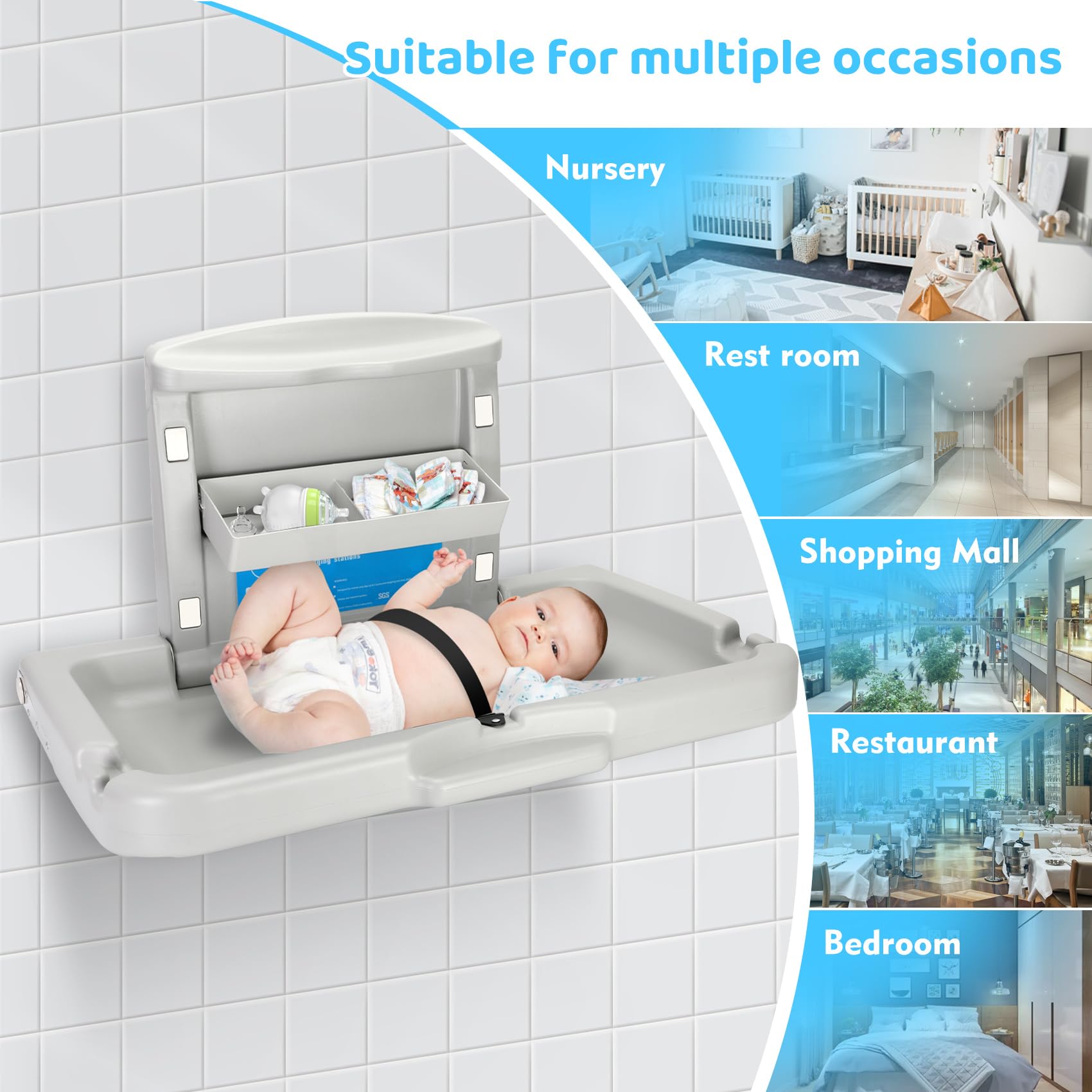 Commercial Baby Changing Station - Wall Mounted Foldable Diaper Changing Table with Storage Box, HDPE Safe Material Supports 60lbs - Perfect for Daycares, Restrooms & Nurseries