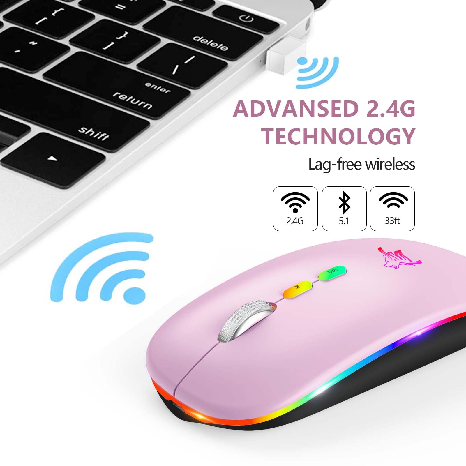 Wireless LED Mouse - Slim Rechargeable Silent Bluetooth Mouse with USB Receiver & Type-C Adapter | 2.4G/Bluetooth Dual Mode | Portable Optical Computer Mouse (Pink) for Office, Gaming & Travel