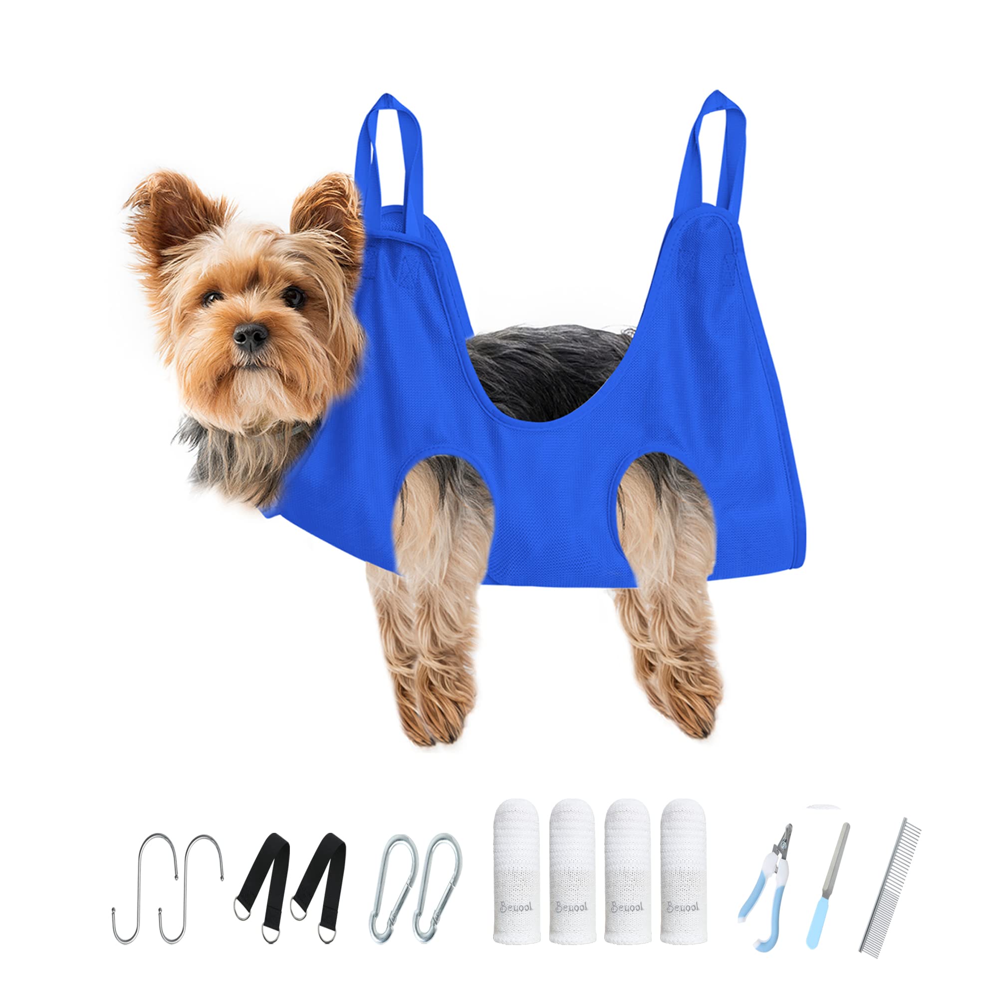 Beuool Dog Grooming Hammock & Sling Set with Nail Clippers, Trimmer, Nail File, Pet Comb & Finger Toothbrush - Complete Grooming Kit for Bathing, Nail Care & Coat Brushing at Home