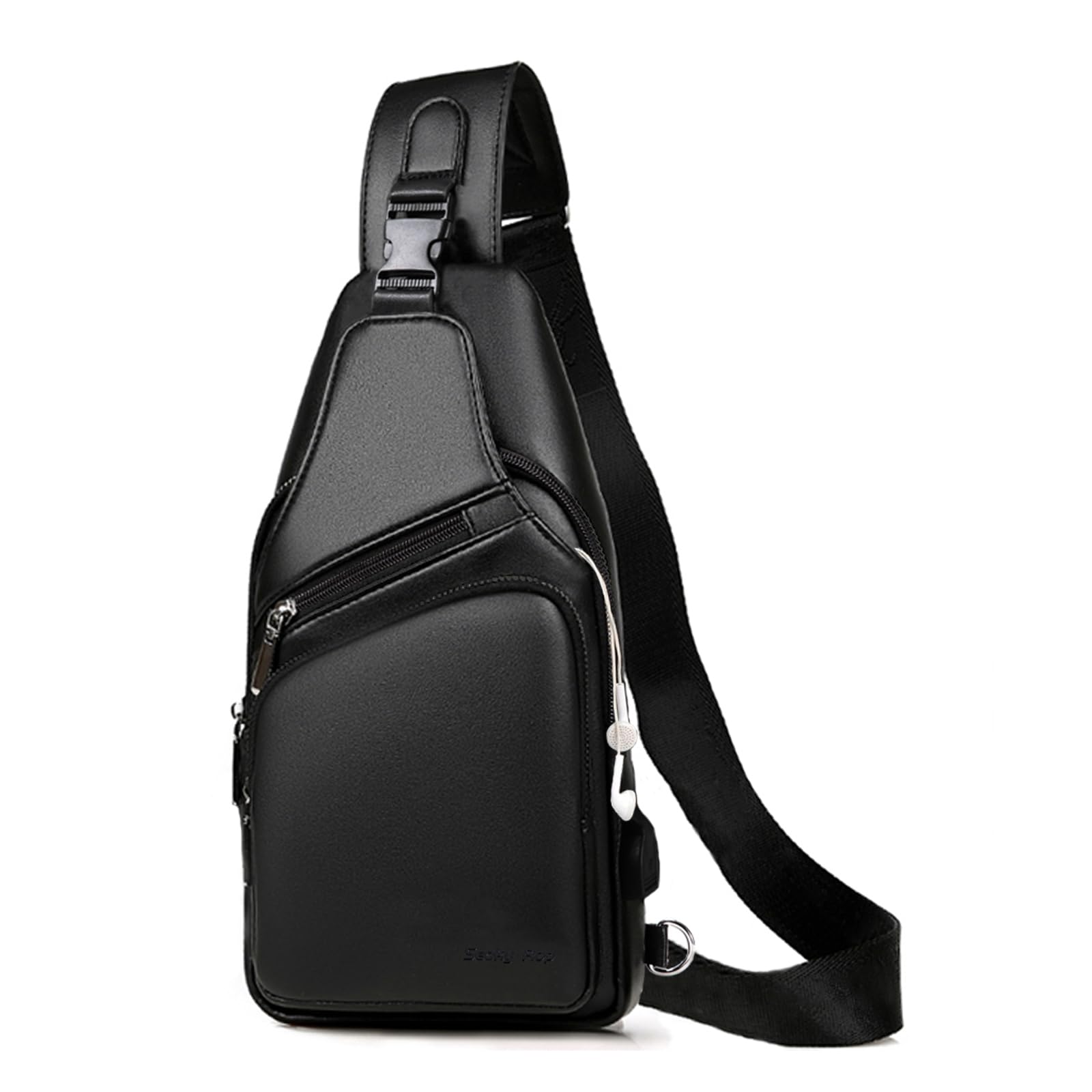 Seoky Men's Leather Sling Bag - Waterproof Crossbody Chest Bag with USB Charging Port - One Shoulder Sling Backpack for Travel, Work & Daily Use (Black)