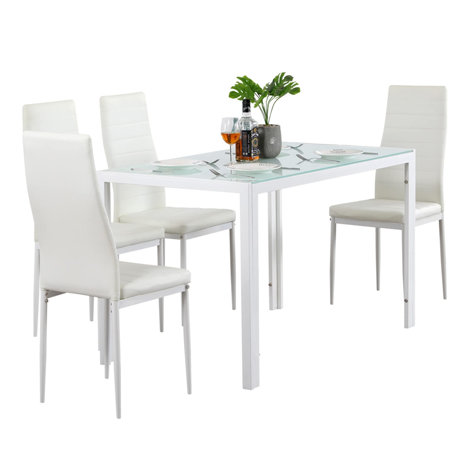 WiCCI 5-Piece White Glass Dining Table Set with 4 Leather Chairs - Perfect for Kitchen, Dining Room, and Small Space Entertaining