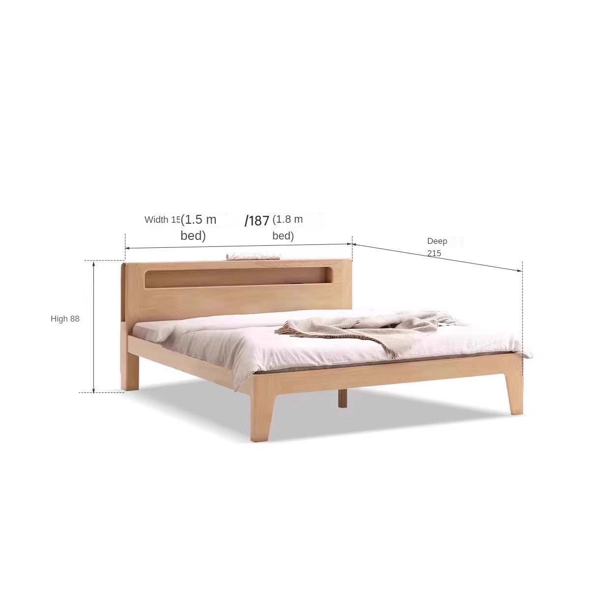 Solid Oak and Beech Wood Bed with Built-in LED Lights and Bookshelf - Modern Bedroom Furniture for Small Spaces, Lofts, and Studio Apartments