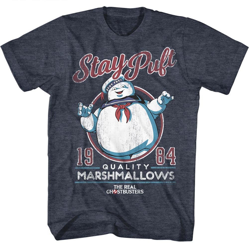 Official The Real Ghostbusters T-Shirt - Mr. Stay Puft Marshmallows Graphic Tee in Navy Heather - 80s Nostalgia Pop Culture Shirt for Halloween & Comic Con