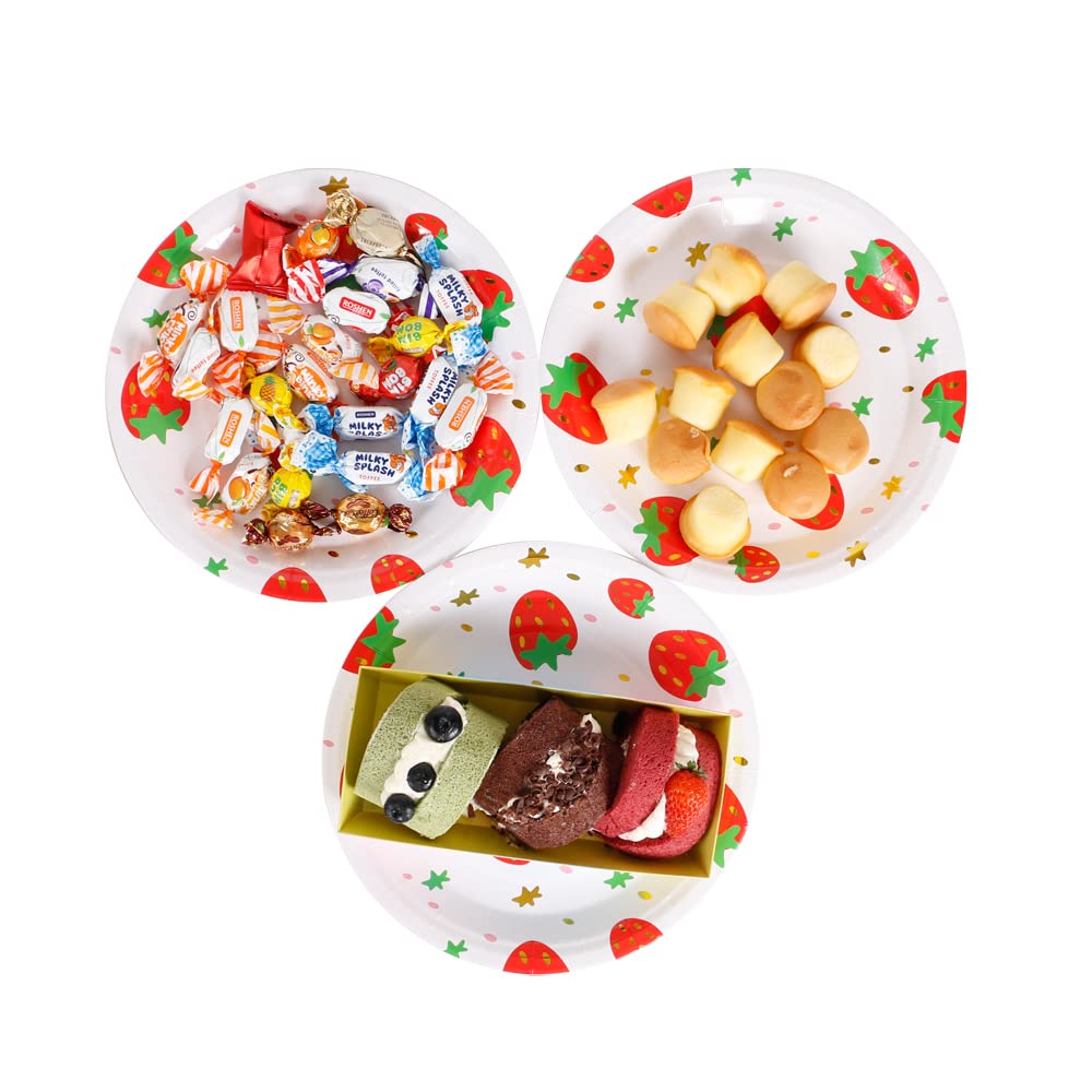 Gold Strawberry Disposable Paper Plates 9 Inch - Elegant Gold Foil Dessert Plates for Party, Wedding, Baby Shower - Set of 20 Decorative Fruit Themed Plates - Perfect for Birthday Celebrations, Picnics & Special Events