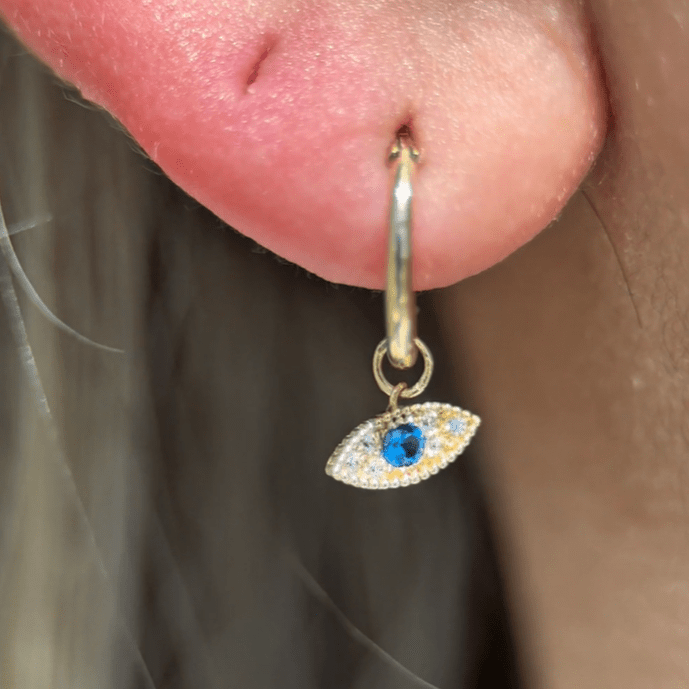 14k Yellow Gold Hoop Earrings with Blue Topaz Evil Eye Charm - Stylish Protection for Everyday Wear & Gift Giving