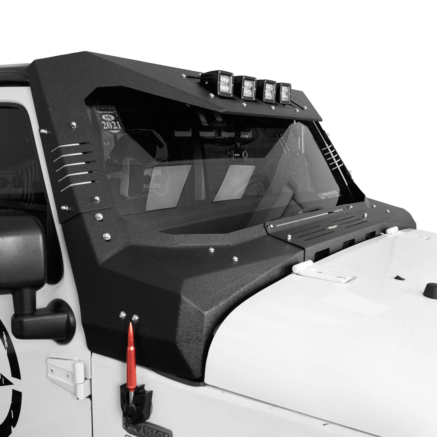 Jeep Wrangler JK Front Bumper Grill & Windshield Frame Cover Visor (2007-2018) - Textured Black with LED Lights | Off-Road Protection & Style Upgrade