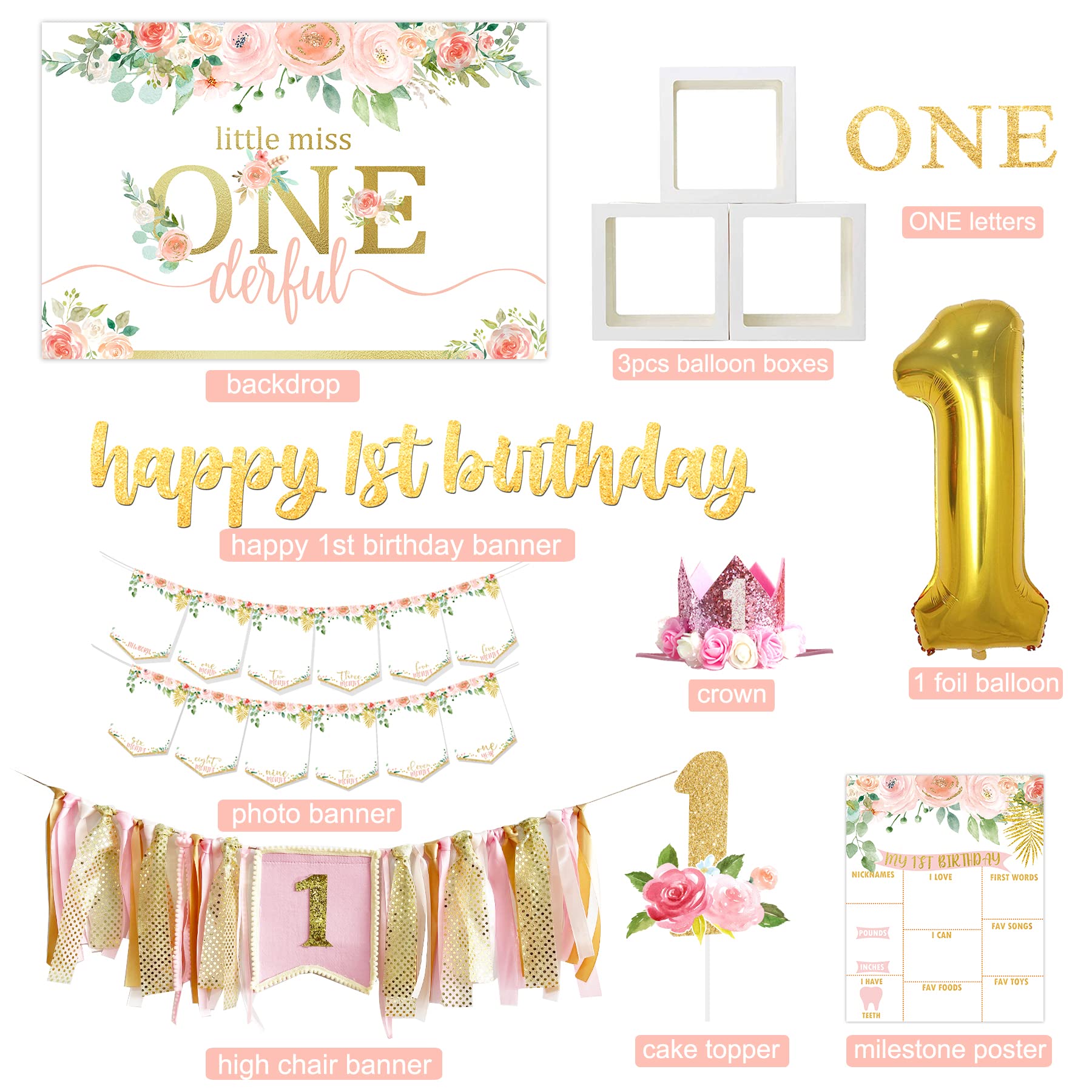 Baby Girl 1st Birthday Party Decorations Set - Balloon Boxes, Backdrop, High Chair Banner, Crown & Photo Banner for First Birthday Celebration | Perfect for Cake Smash, Photoshoot & Nursery Decor