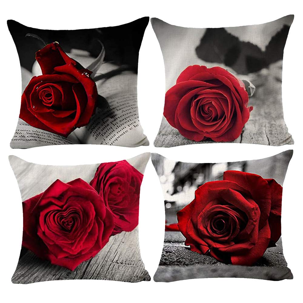 4-Pack Red Rose Floral Cotton Linen Square Pillow Covers 18x18 Inch - Decorative Throw Pillow Cases for Couch, Sofa, Bed - Perfect Gift for Family & Friends (Red/Gray) - Ideal for Living Room, Bedroom, Outdoor Patio Decor