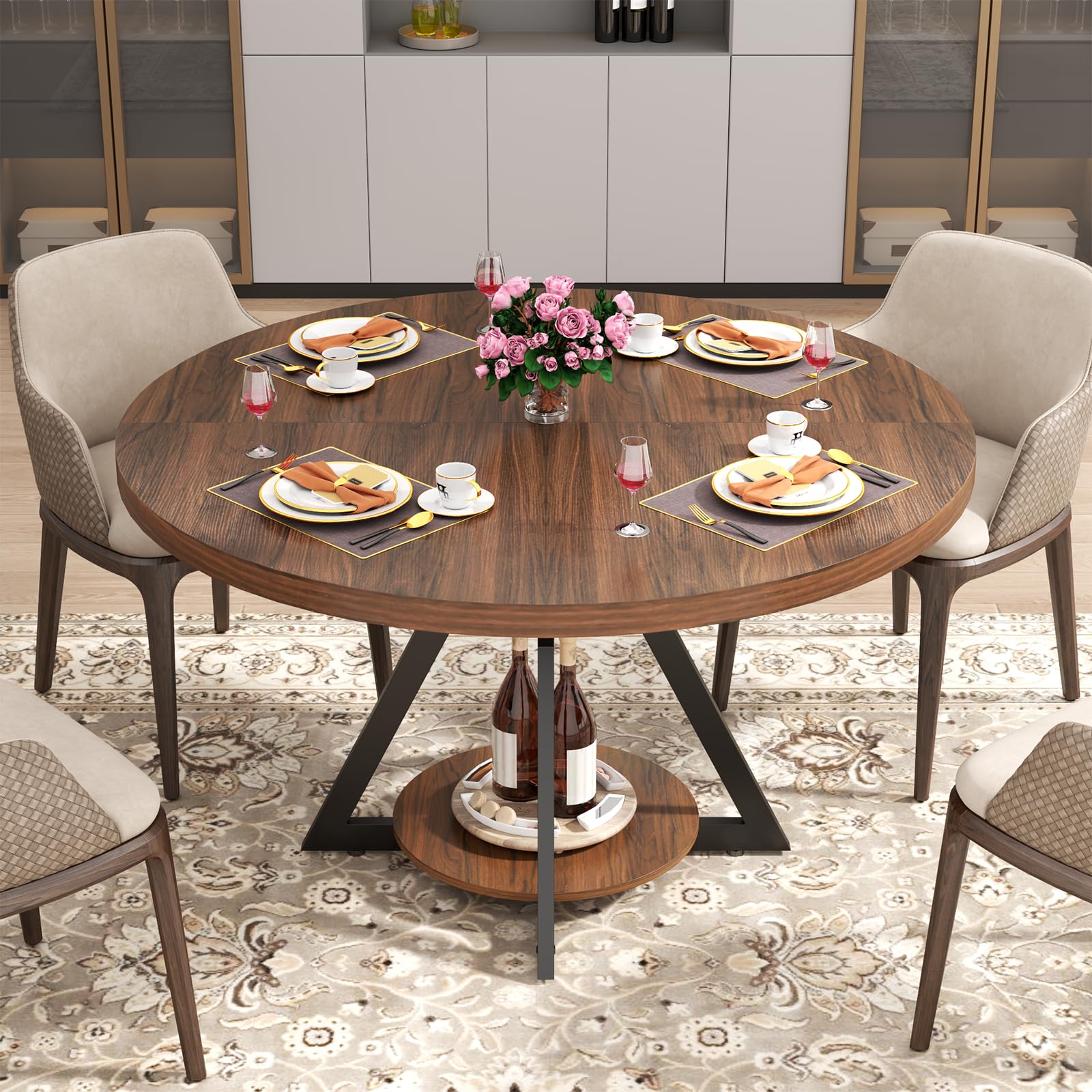 Modern Round Dining Table for 4 - 47.24 Inch Farmhouse Kitchen Table with Metal Base & Wooden Top | Adjustable Pads for Stability | Perfect for Small Spaces, Kitchen, Dining Room & Living Room