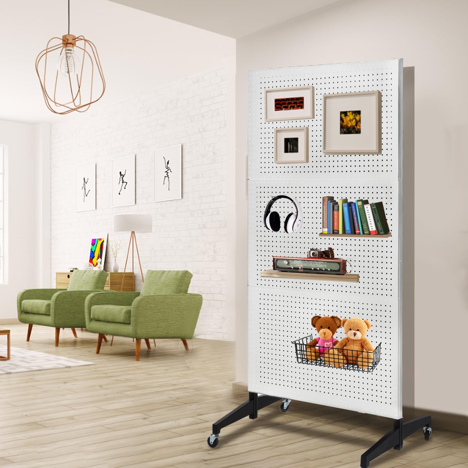 3'x6' Metal Pegboard Display Stand with T-Base & Wheels - Includes 20 Hooks - White - Perfect for Retail Stores, Trade Shows & Workshop Organization