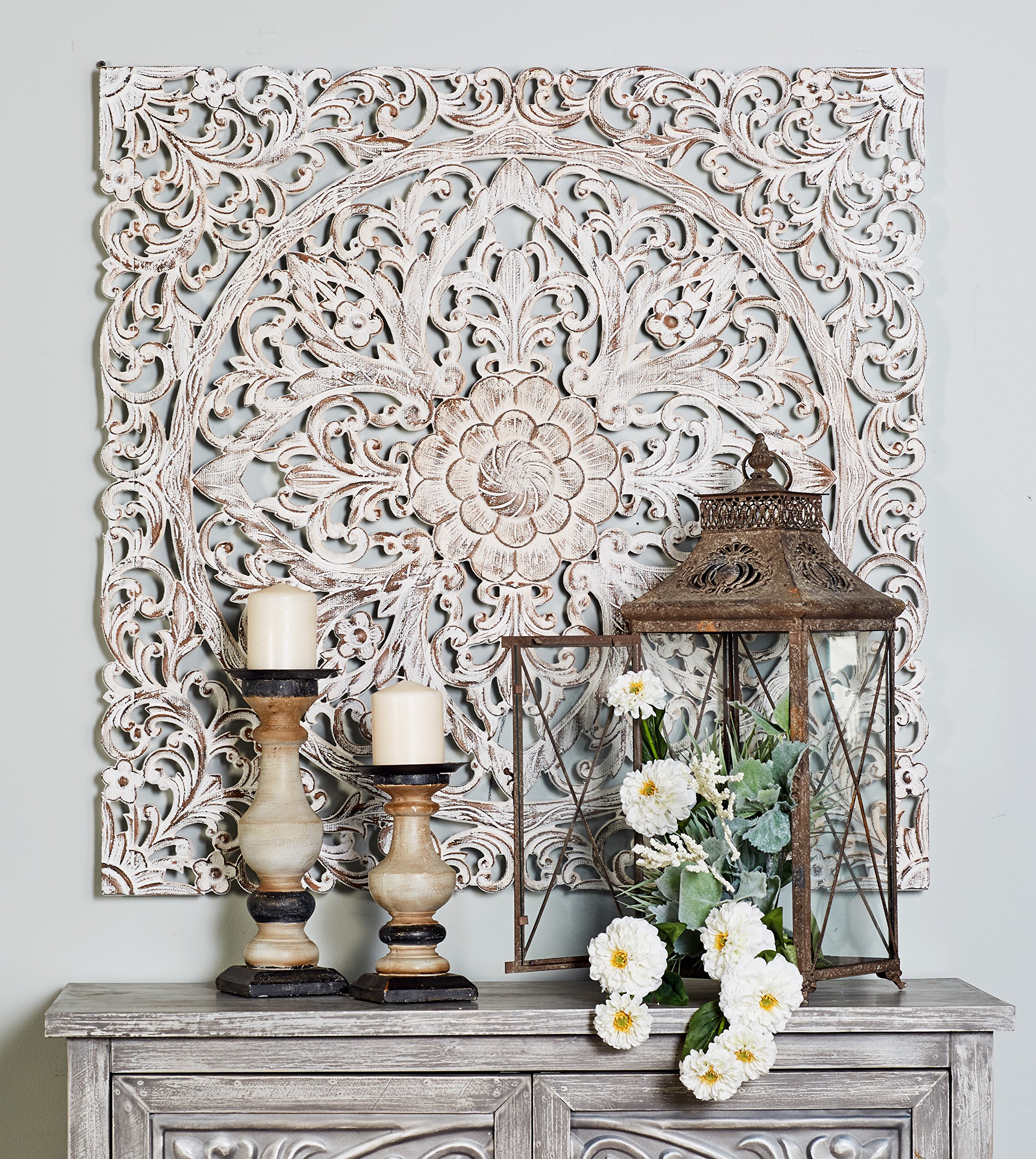 Handmade Wooden Floral Wall Art - Intricately Carved Mandala Wall Sculpture with Brown Distressing, 36