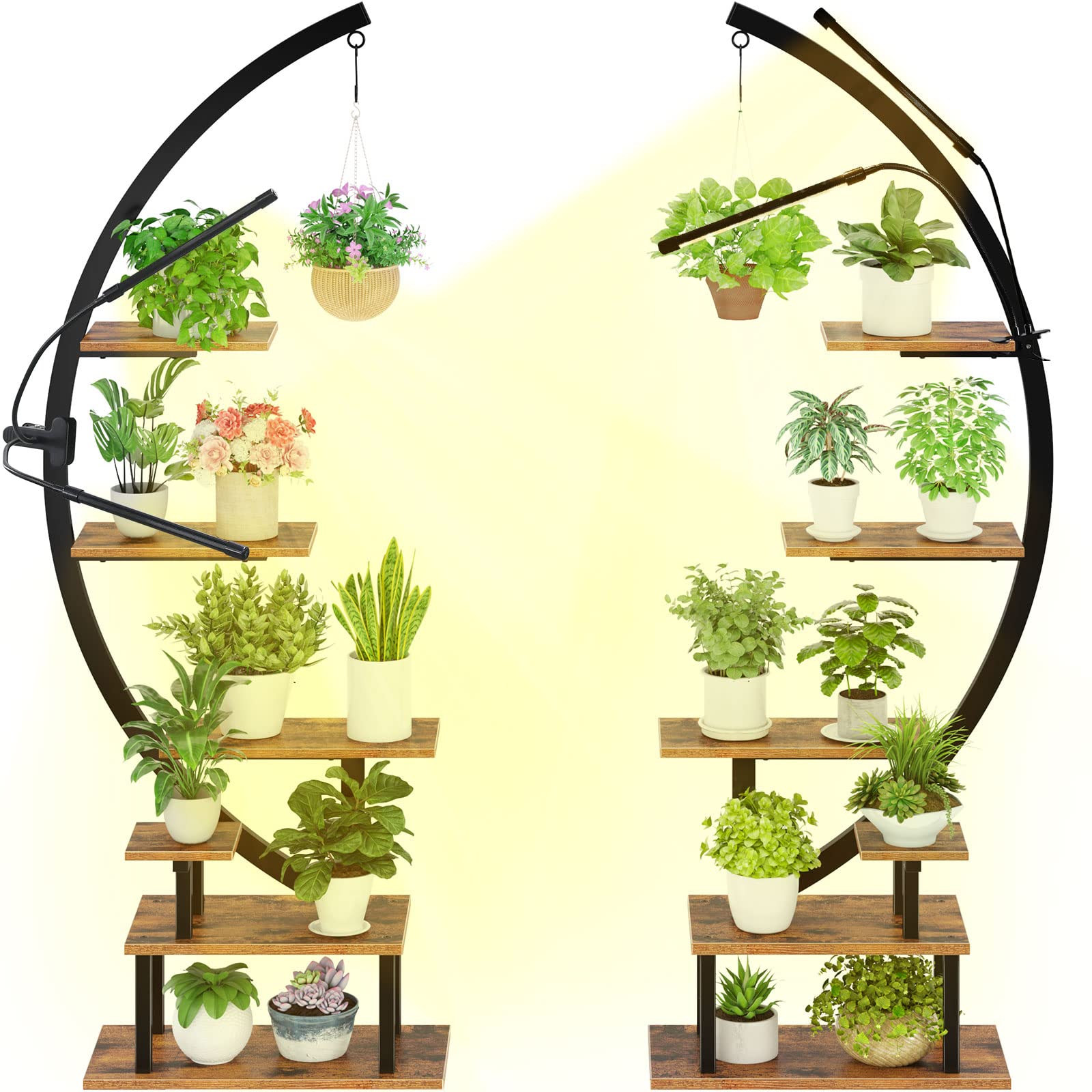 GREENSTELL 6-Tier Half Moon Metal Plant Stand with Grow Light - Indoor Plant Shelf for Living Room, Patio, Garden & Balcony - Black (2 Pack) | Perfect for Displaying Flowers, Succulents & Houseplants