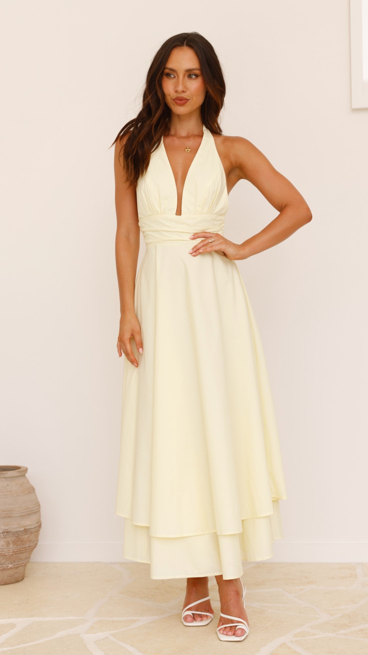 Kathy Halter Neck Maxi Dress in Lemon Yellow - Elegant Summer Beach Dress for Women, Perfect for Vacations, Weddings & Outdoor Parties