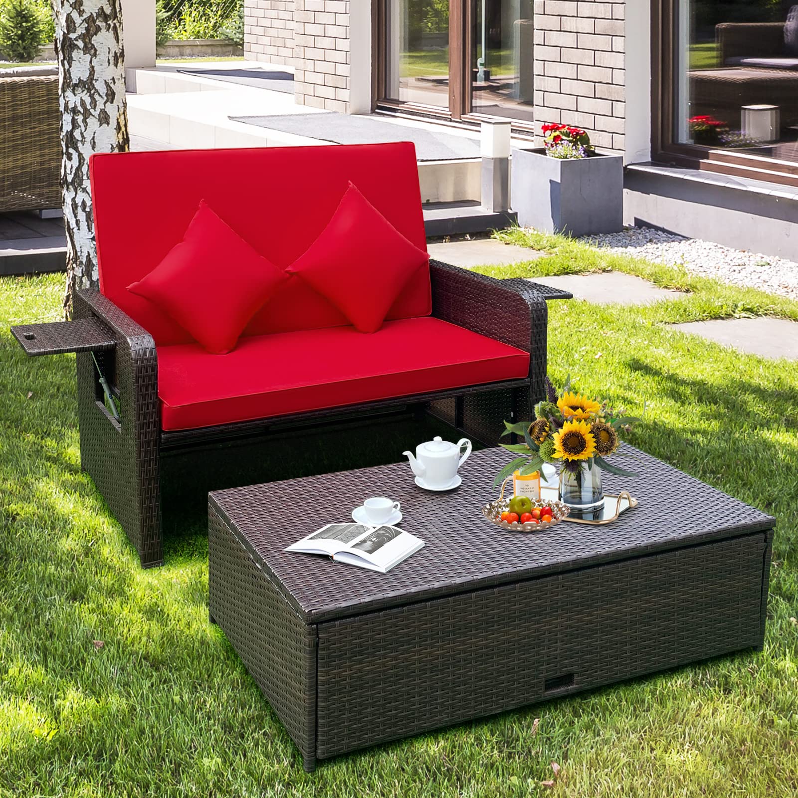 Tangkula Patio Rattan Daybed with Adjustable Backrest - Outdoor Wicker Loveseat Sofa Set with Ottoman, Side Tray & Storage - Perfect for Poolside, Garden or Patio Relaxation