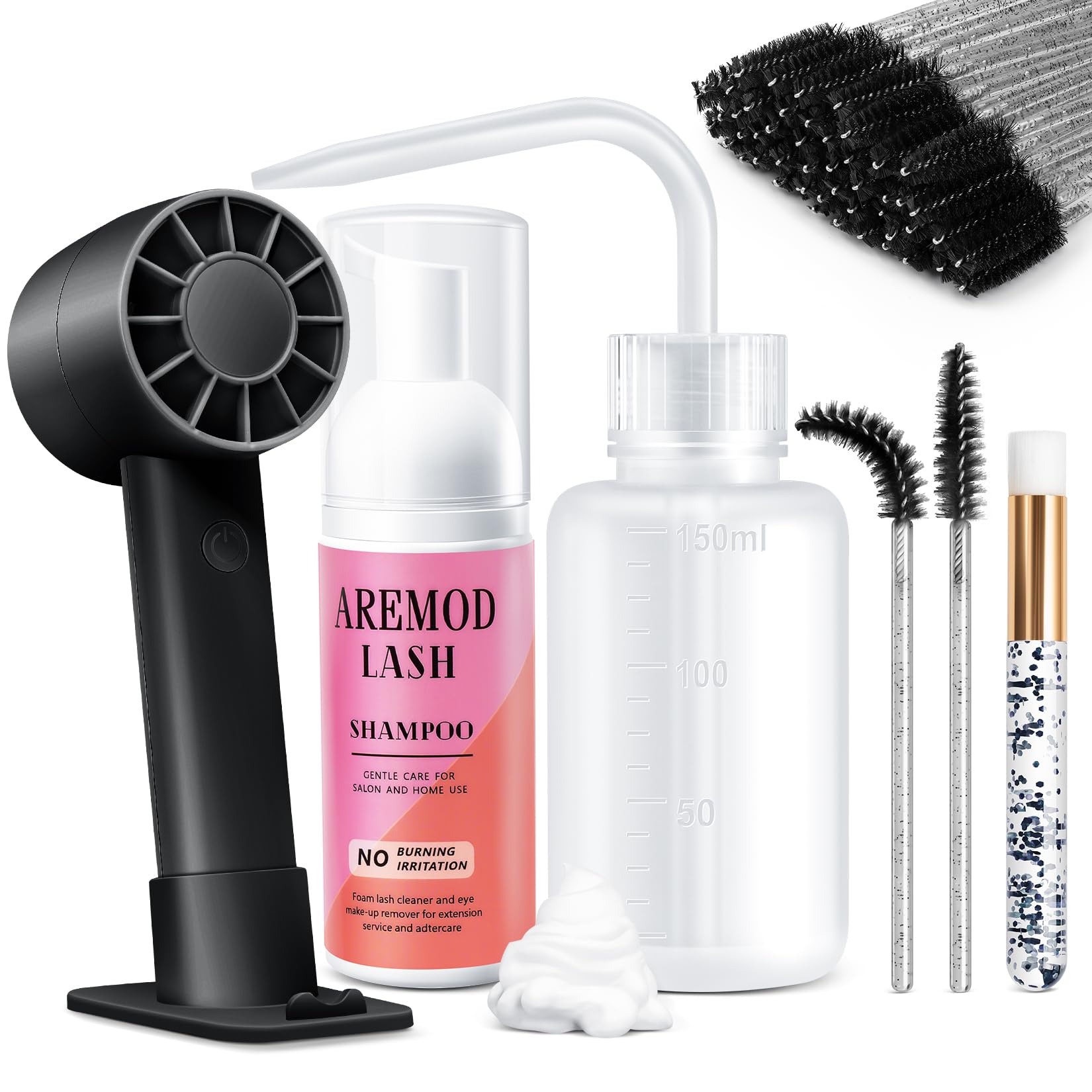 **Eyelash Extension Shampoo Kit with Foaming Brush & Lash Fan - 60ML Gentle Lash Cleanser for Extensions, Makeup Remover & Eyelid Care (Black) | Perfect for Lash Bath, Salon Use & Daily Eyelash Hygiene**