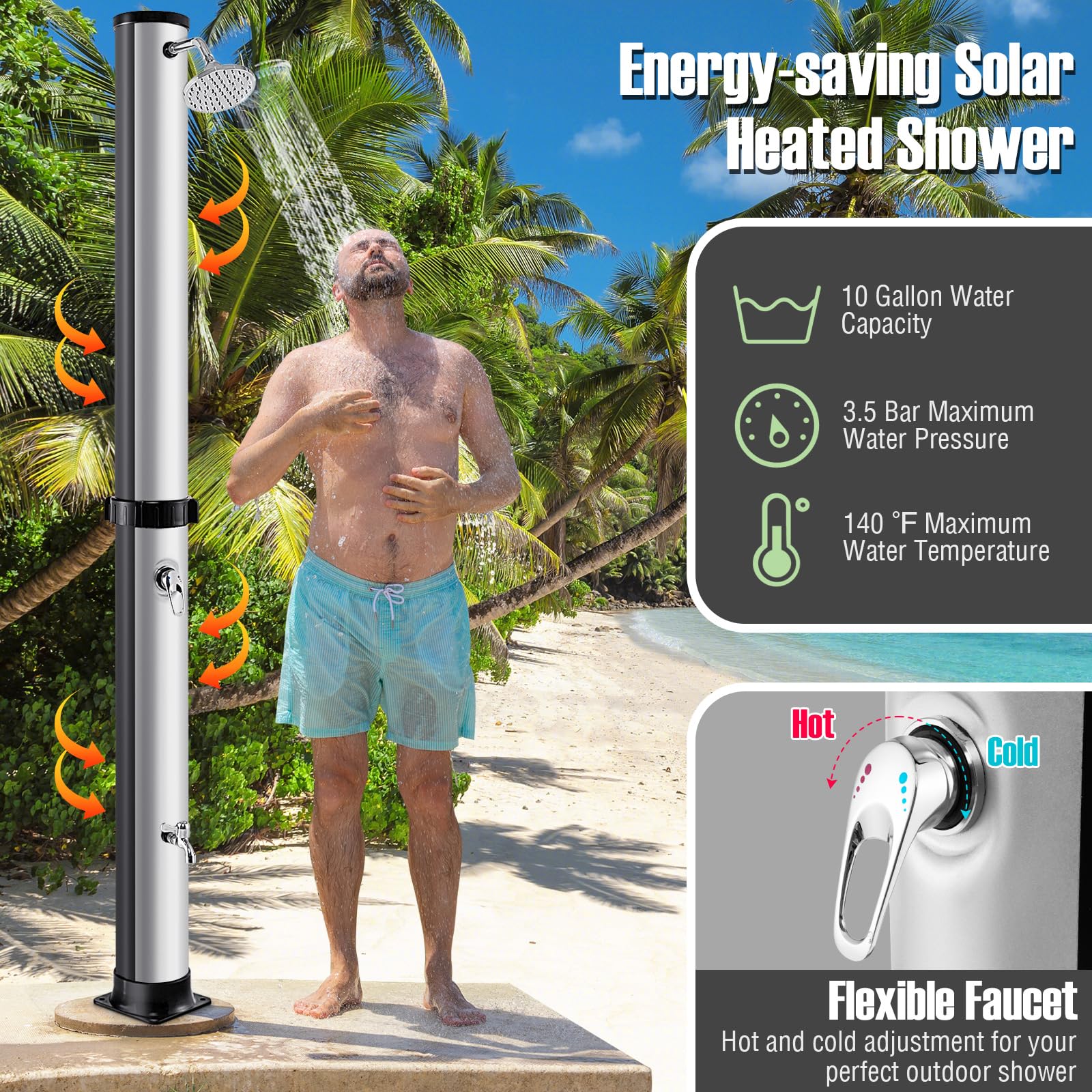 Goplus 10 Gallon Solar Heated Outdoor Shower - 7.2 FT Freestanding Garden & Pool Shower with Rotating Head, Temperature Control & Foot Wash - Perfect for Backyard, Beach, Camping & RV Use (Silver)