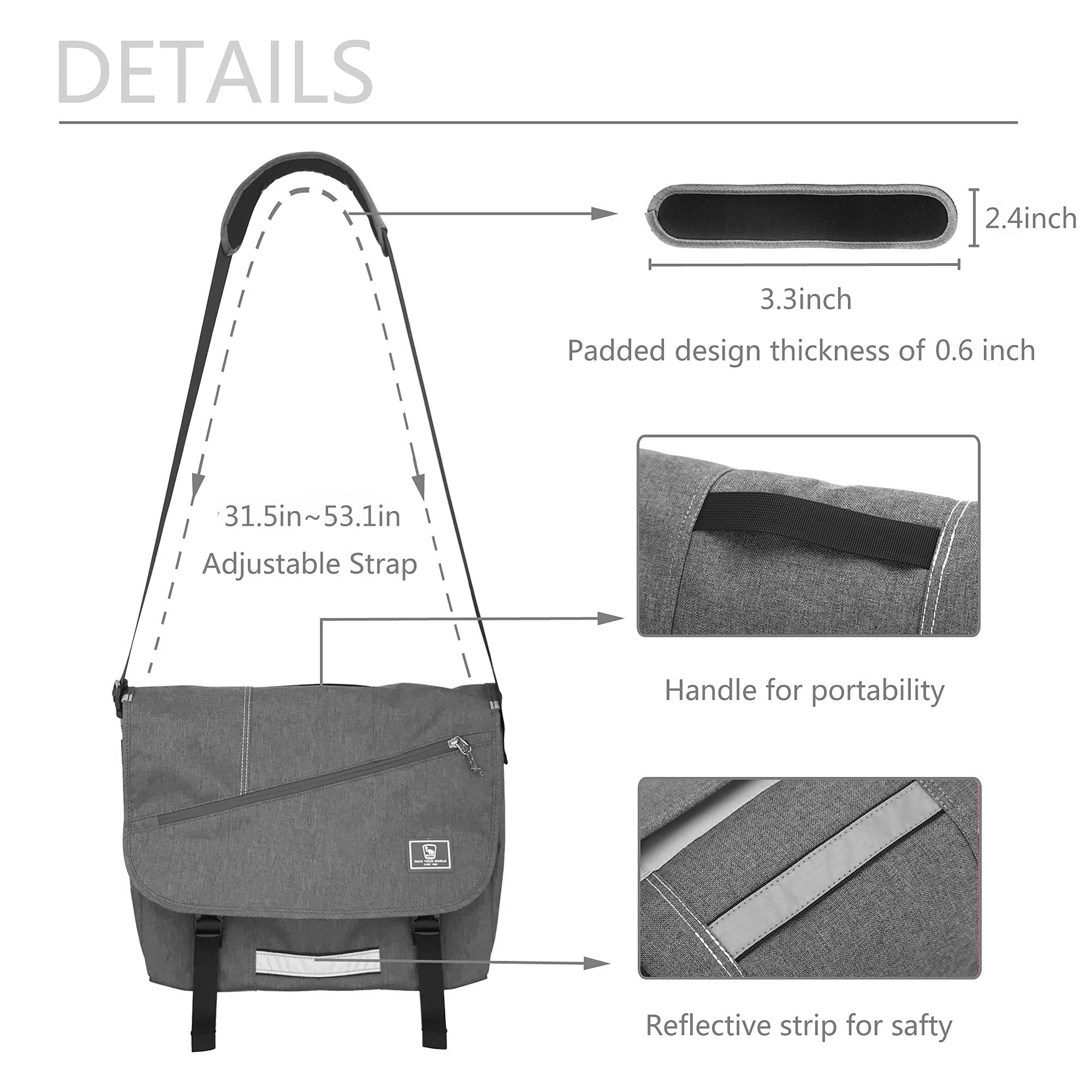 OIWAS 15.6 Inch Unisex Messenger Bag - Waterproof Laptop Shoulder Bag for Men & Women, Crossbody Satchel Briefcase for Work, College & Travel - Large Capacity Computer Bag (Grey) | Perfect for Business Commute, Campus Life & Weekend Getaways