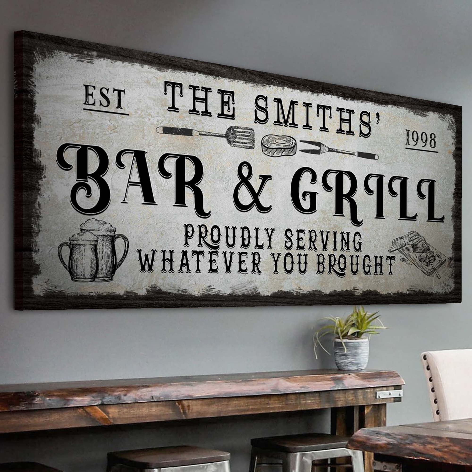 Custom Bar Sign Canvas Wall Art - Personalized Rustic Beer & Griller Decor for Man Cave, Kitchen, Pub & Diner - 60x30in Printable Home Decor | Perfect for Bars, Restaurants, and Home Entertaining Spaces