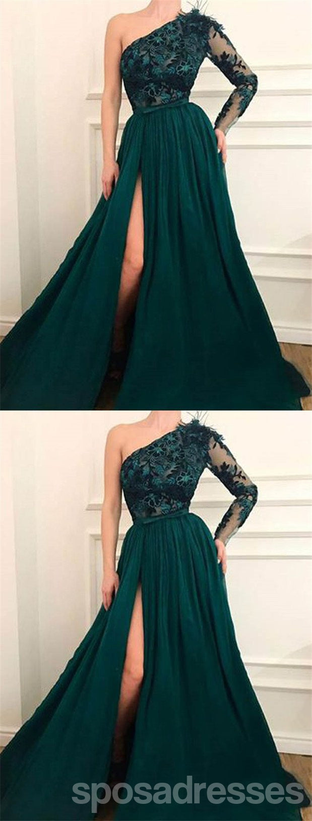 Emerald Green One Shoulder A-Line Prom Dress with Long Sleeves & High Slit - Elegant Evening Gown for Homecoming, Formal Events & Special Occasions