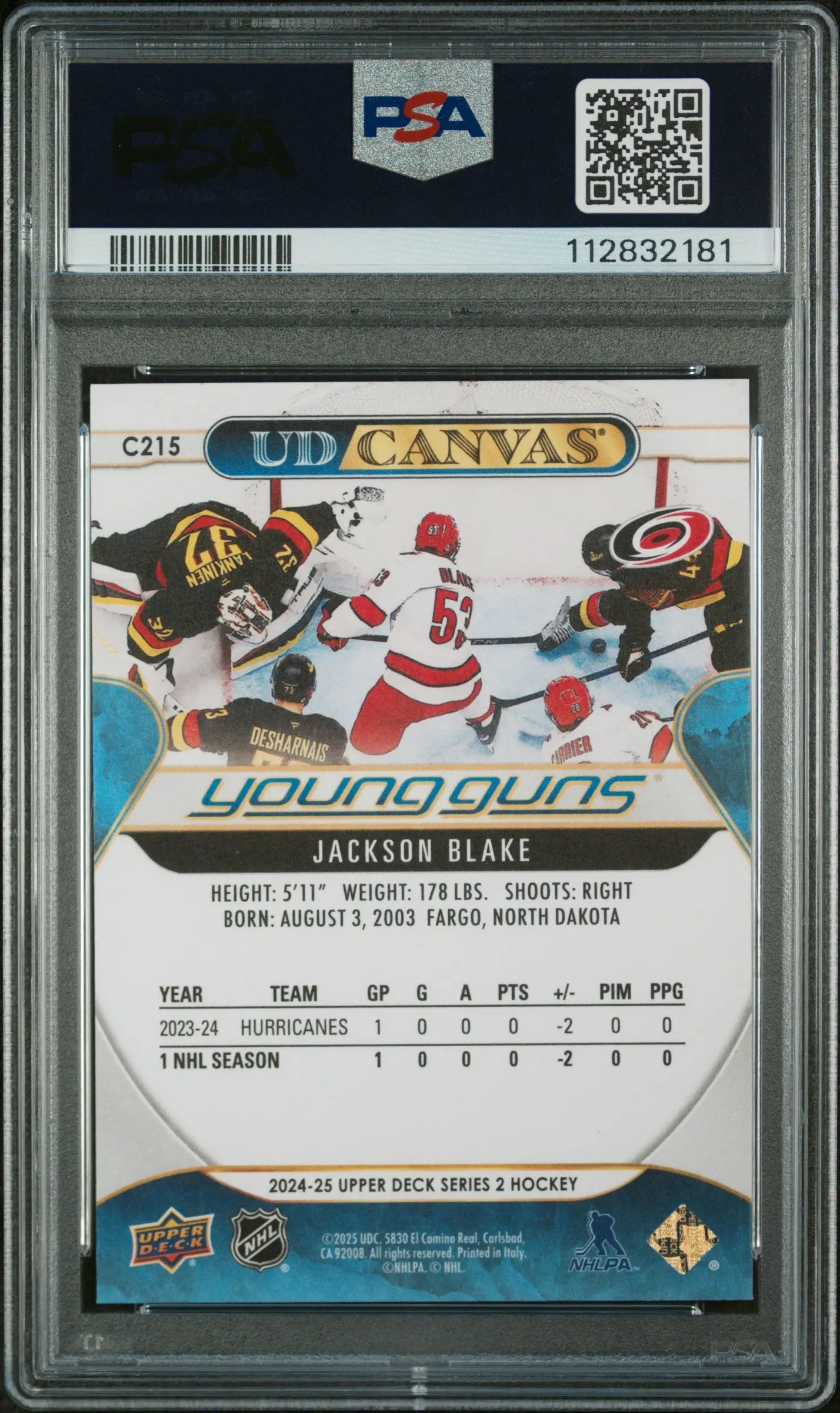 2024 Upper Deck Series 2 UD Canvas Young Guns Rookie Card Jackson Blake PSA 10 Gem Mint - Perfect for Hockey Card Collectors & Sports Memorabilia Enthusiasts