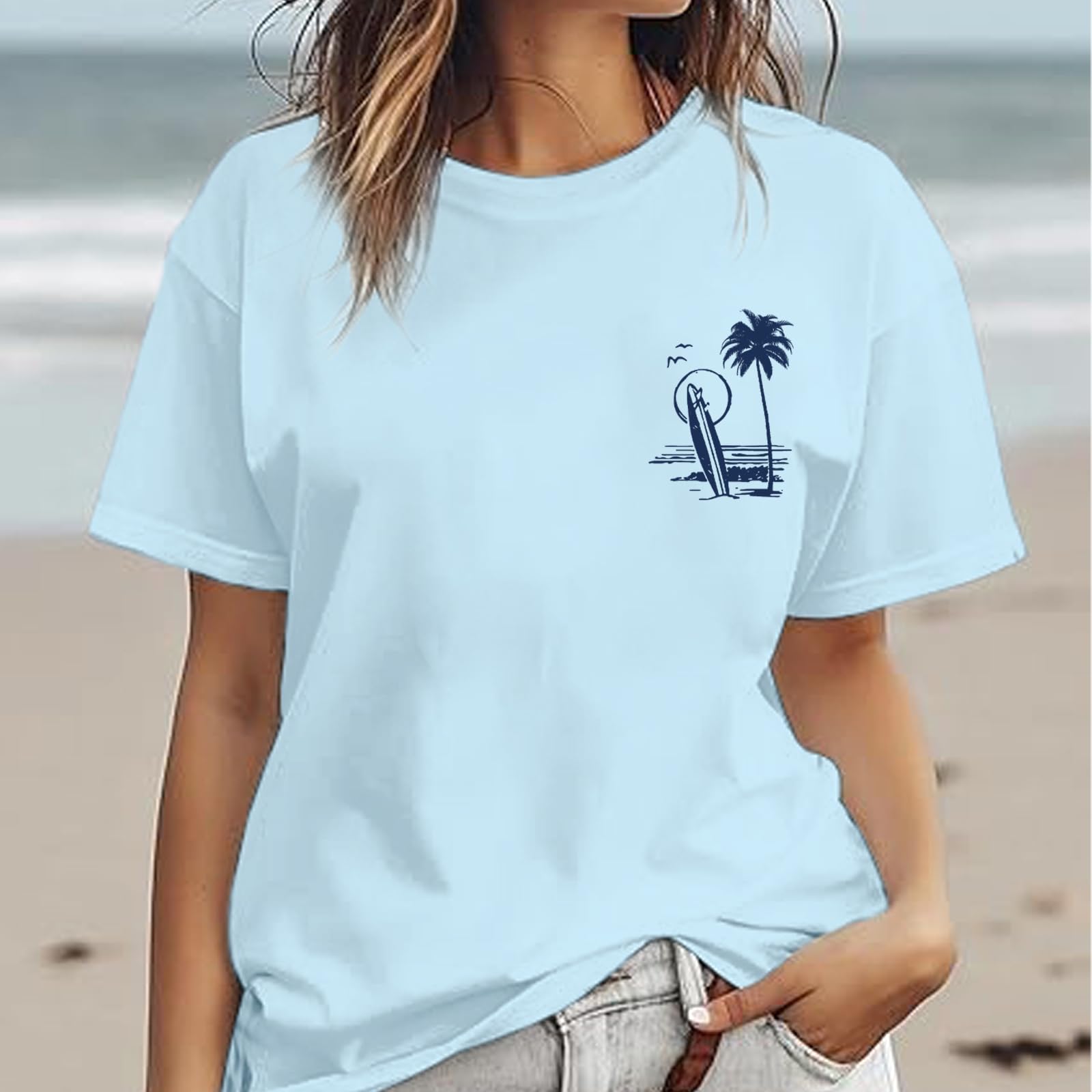 Tuislay Women's Oversized Beach Shirts - Palm Tree Graphic Hawaiian Vacation T-Shirts | Light Blue L | Summer Casual Wear, Tropical Getaway, Poolside Relaxation