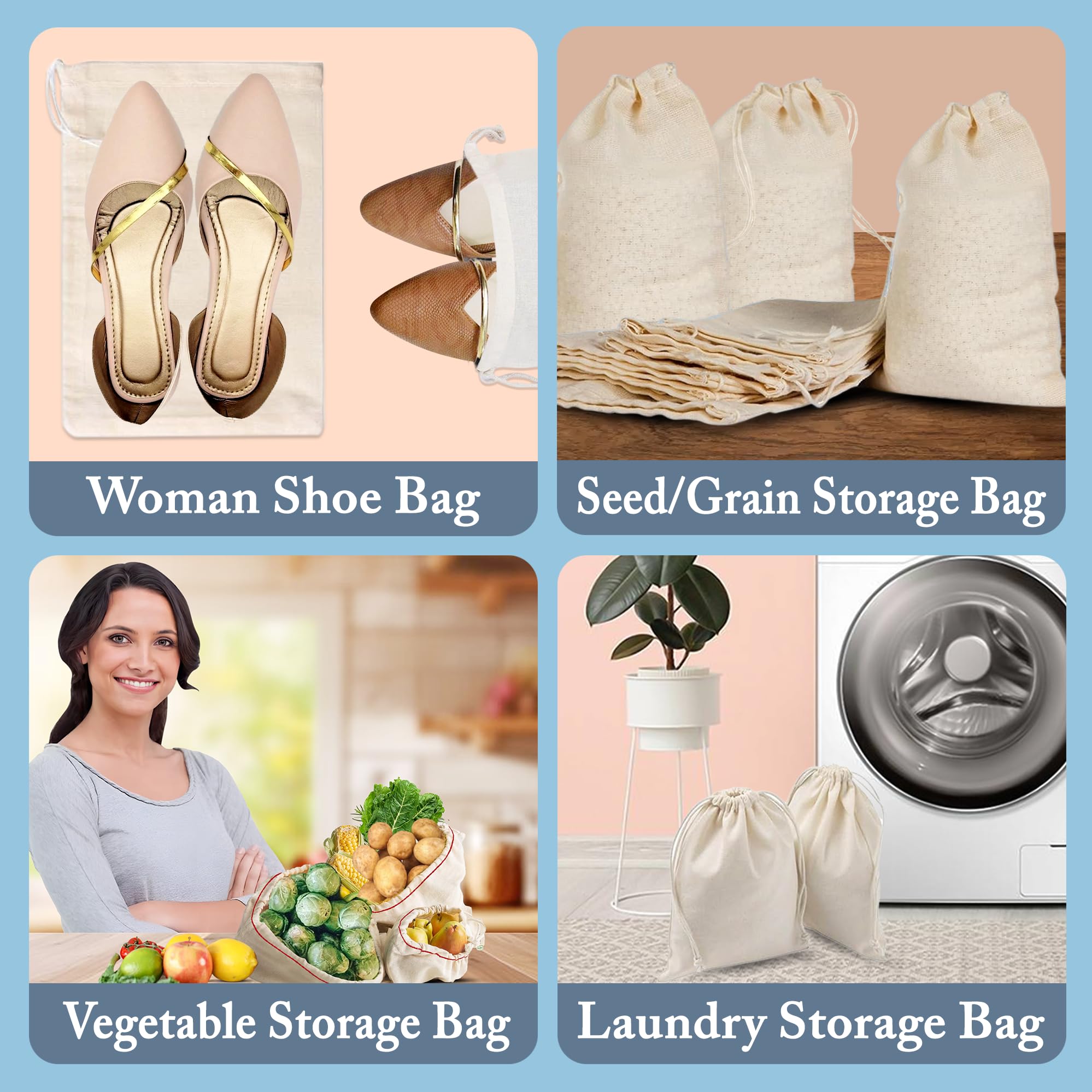 Premium 100% Cotton Muslin Drawstring Bags Bulk 100pcs (8