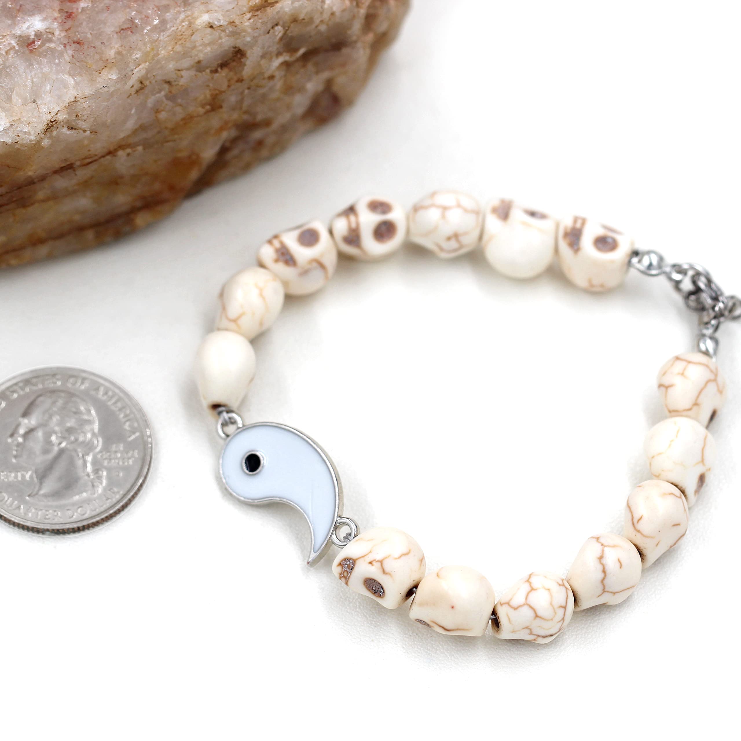 Black and White Skull Beads Yin Yang Bracelet Set for Couples - His and Her Matching Puzzle Bracelets for Men & Women Y2472 - Perfect for Anniversaries, Valentine's Day Gifts and Couple Fashion Accessories