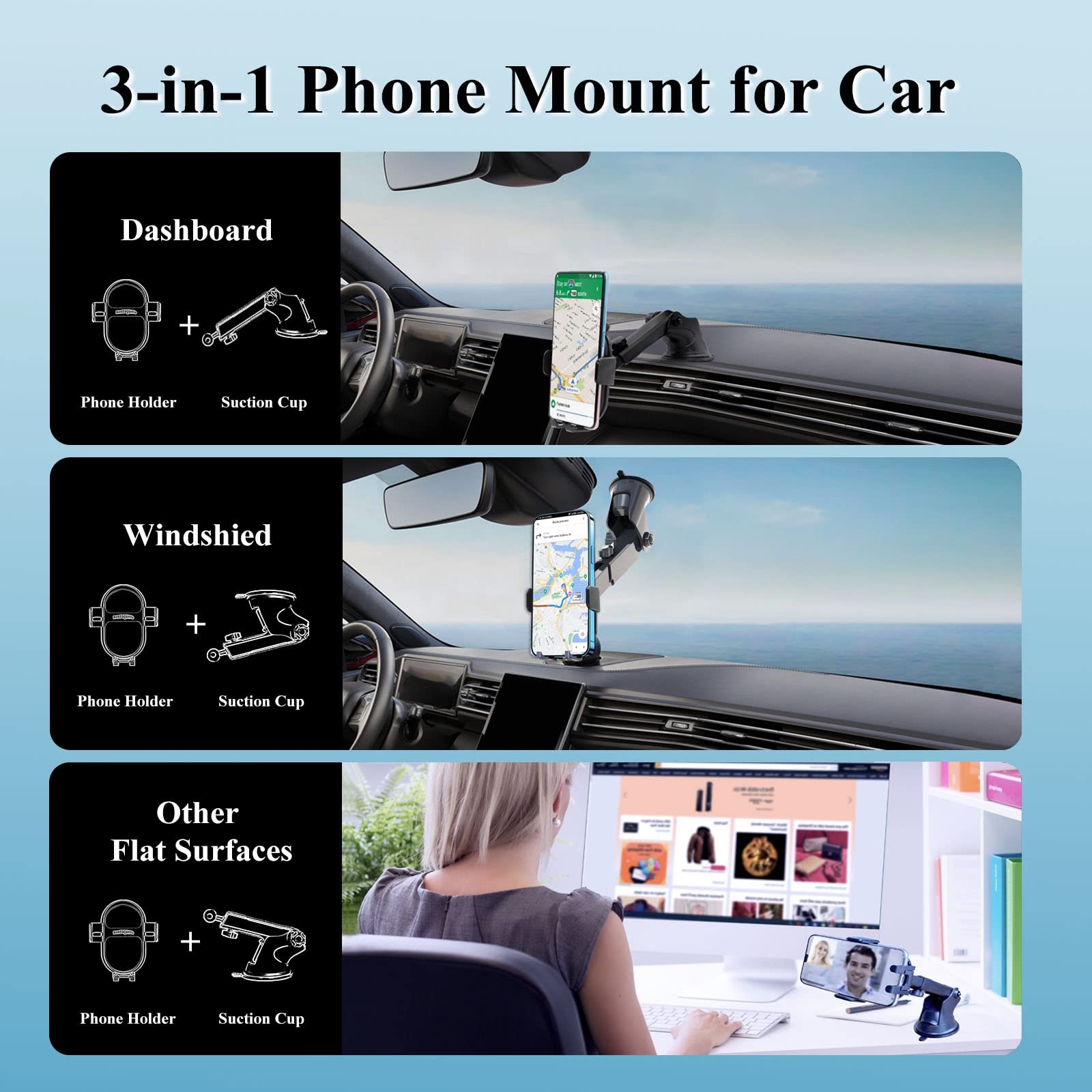 Car Phone Mount - 1 Second Quick Release, Adjustable 360° Rotation Phone Holder for Dashboard & Windshield - Perfect for GPS Navigation & Hands-Free Driving