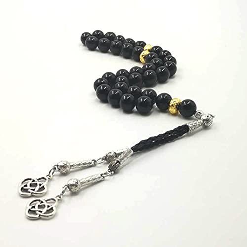 Natural Black Onyx 33 Beads Tasbih Bracelet for Men - 14mm Agate Beads with Golden Spacer Beads - Islamic Misbaha Prayer Accessory - Perfect for Daily Wear, Meditation & Spiritual Practice