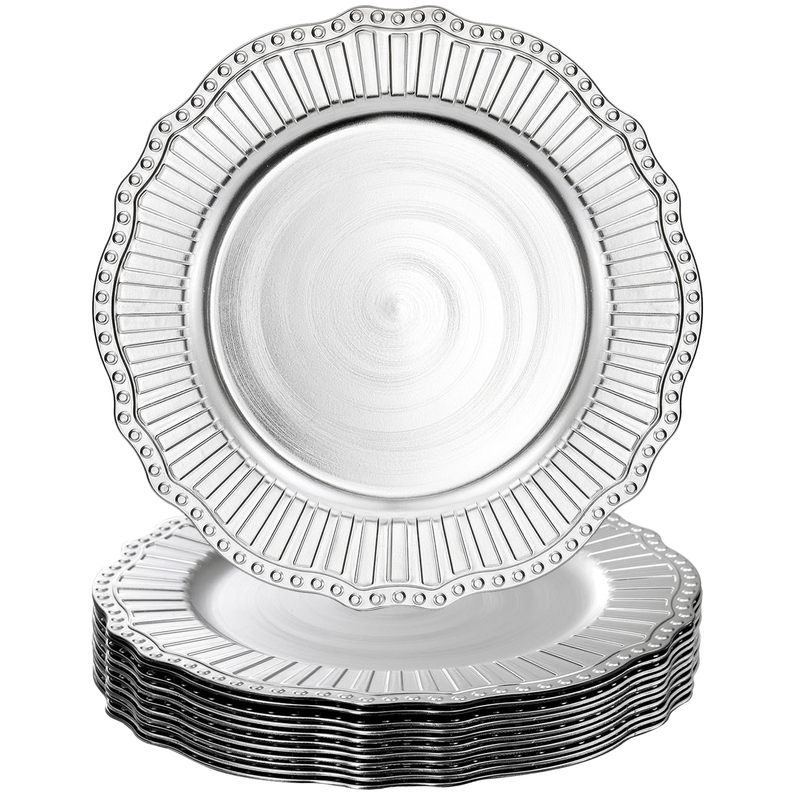 12 Pack Silver Charger Plates 13 Inch - Elegant Plastic Dinner Under Plates with Beaded Rim for Wedding, Party, Christmas - Perfect for Formal Dining, Buffet Serving & Holiday Decor