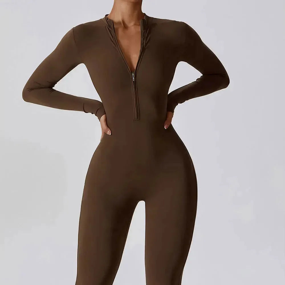 Women's Long Sleeve Yoga Jumpsuit - High-Intensity Workout Gym Wear, Zipper Front One-Piece Sportswear for Fitness & Training | Perfect for Yoga, Pilates, HIIT & Lounge Wear