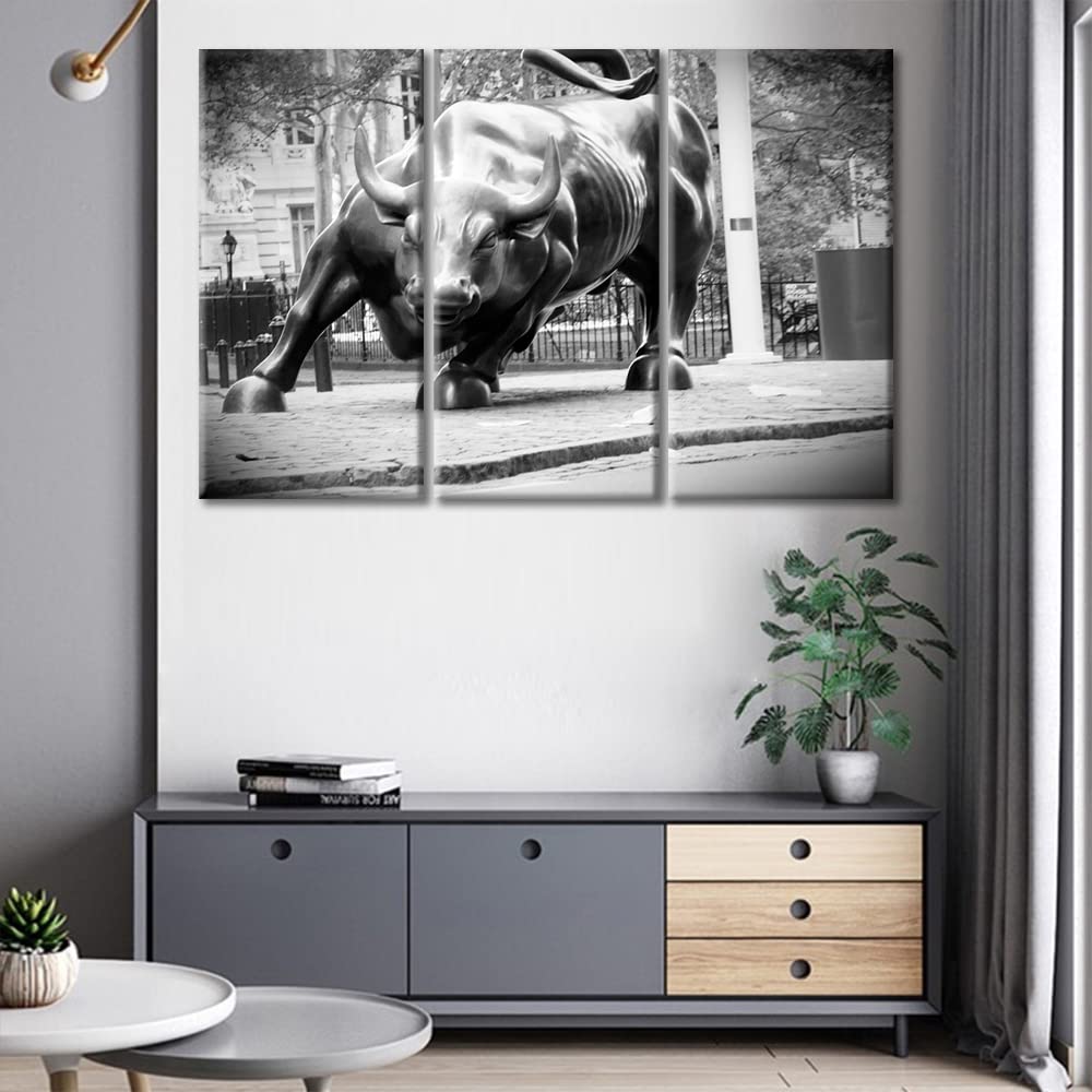 Black and White Bull Wall Art - 3 Panel Framed Canvas Prints for Living Room, Bedroom & Office Decor - 42