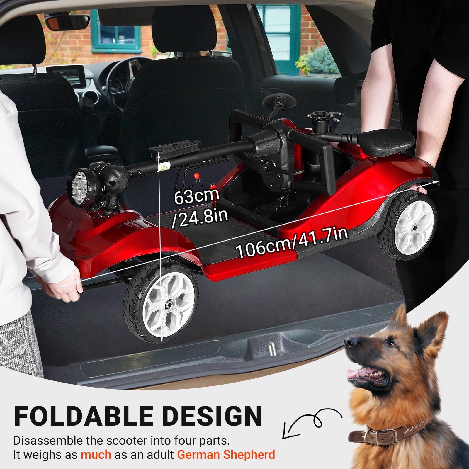 **DA-021 4-Wheel Folding Electric Mobility Scooter for Adults & Seniors - Lightweight, Collapsible Design with Emergency Brake, Removable Battery & Basket, Swivel Seat & Cup Holder (Red) - Ideal for Indoor/Outdoor Use, Shopping & Travel**