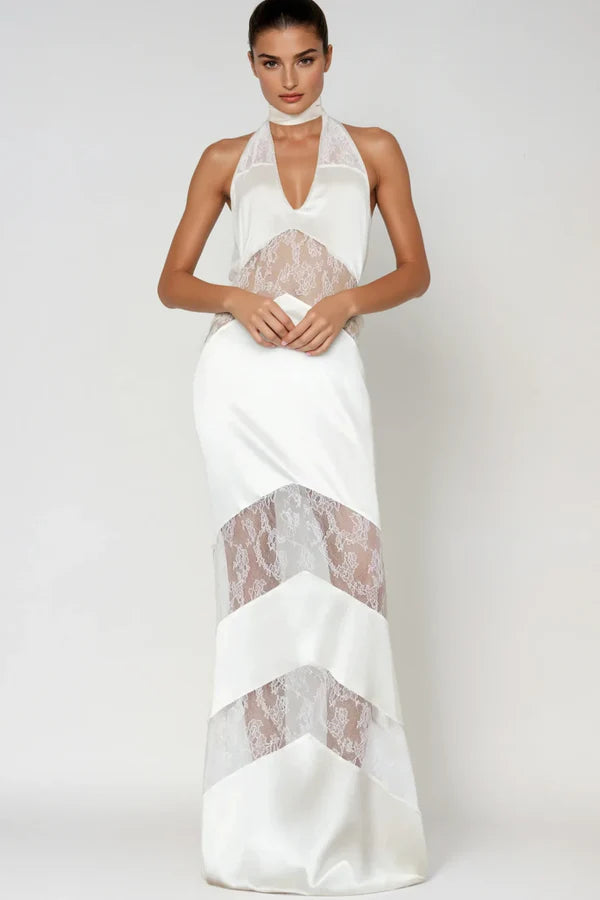 Clora Women's Satin Halter Lace Maxi Dress - Elegant White Summer Beach Wedding Party Gown for Vacation & Special Occasions