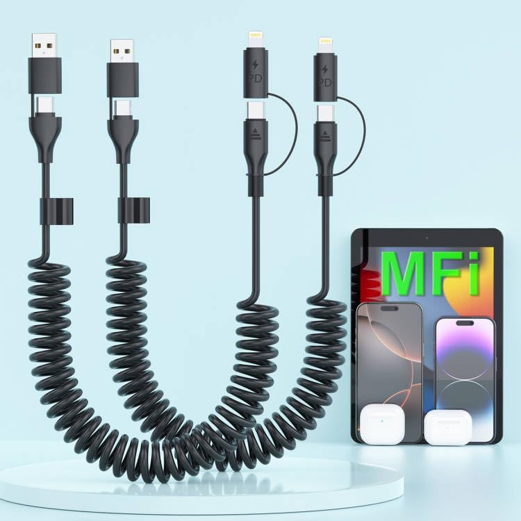 60W USB C to Lightning Fast Charging Cable for iPhone 16/15/14/13 - 4-in-1 Coiled CarPlay Cable with Apple CarPlay & Android Auto Support - 2 Pack 4FT Durable Charger for Car, Home & Travel