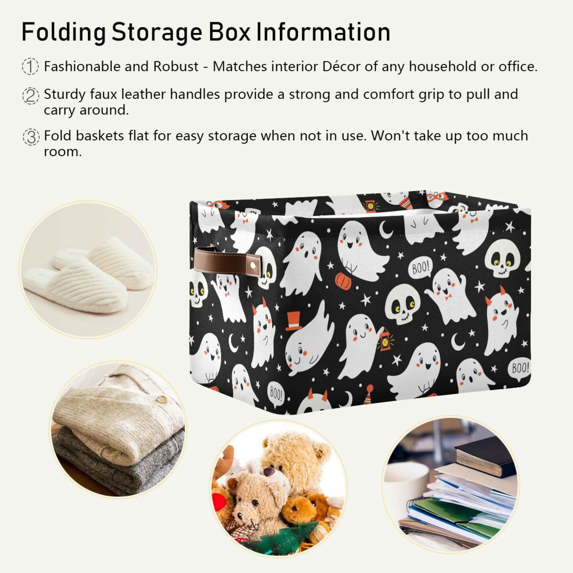Halloween Ghost Storage Basket - Collapsible Waterproof Canvas Toy Bin with Leather Handles for Home, Office, Bedroom - Perfect for Holiday Decor, Closet Organization & Gift Giving (1PC)