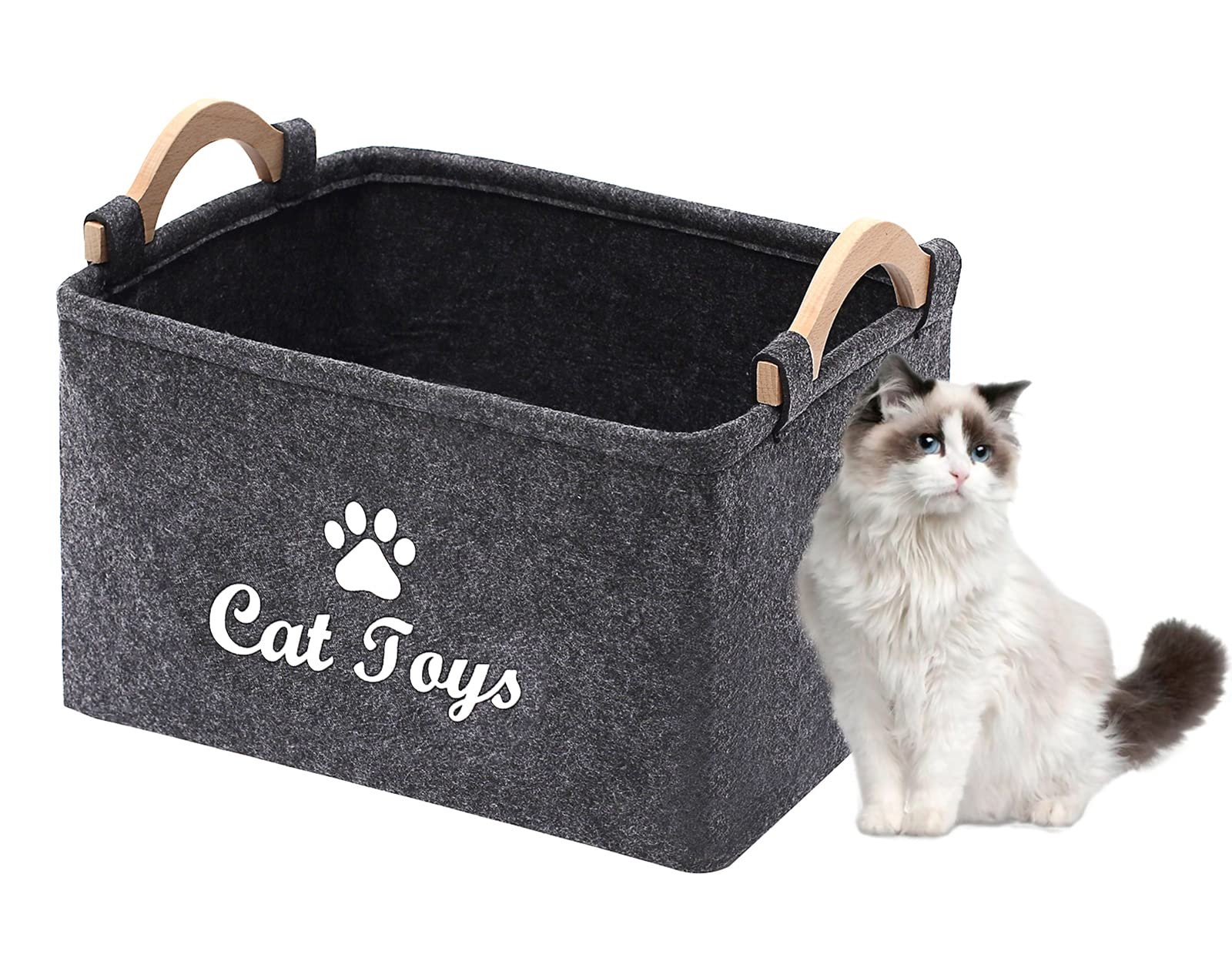 Geyecete Collapsible Dog Toy Storage Bin with Wooden Handle - for Pet Supplies & Kids Toys Organization