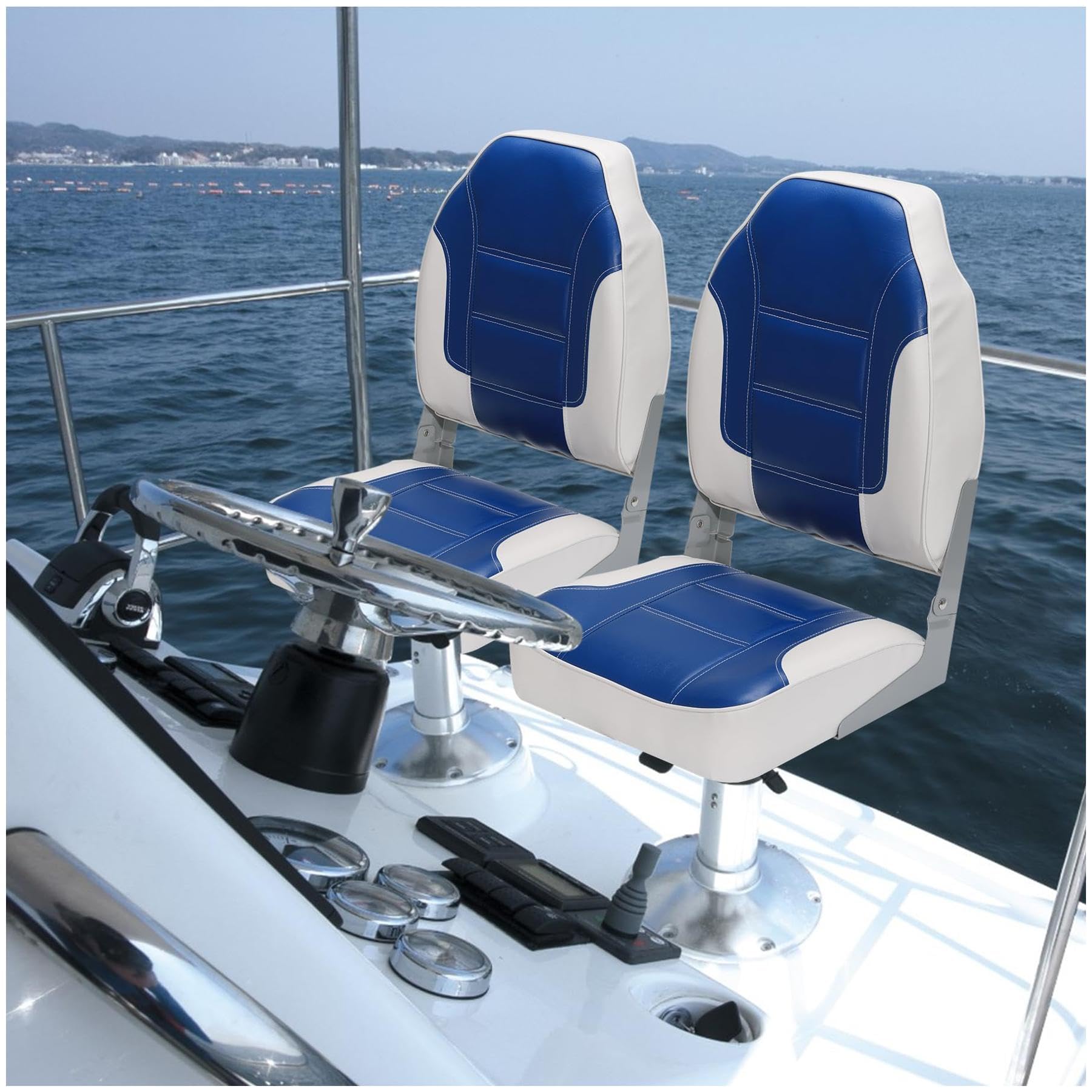 GARVEE 2 Pack High Back Folding Boat Seats with Thickened Sponge Padding - Weather Resistant PVC & Aluminum Hinges - Blue/White - Perfect for Fishing, Speedboat, Canoe & Marine Activities