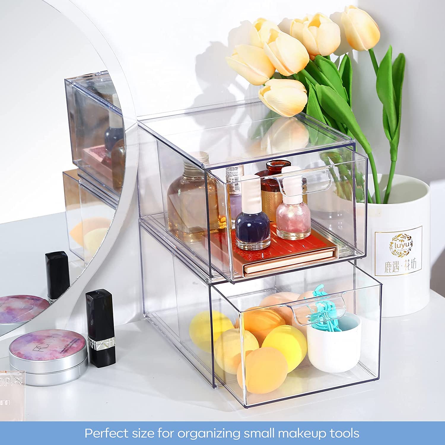 4 Pack Stackable Clear Plastic Drawer Organizer Bins - Bathroom & Kitchen Storage Containers for Cosmetics, Makeup, Nail Art - Under Sink Organization Solution (Perfect for Bedroom, Office & Vanity Organizing)