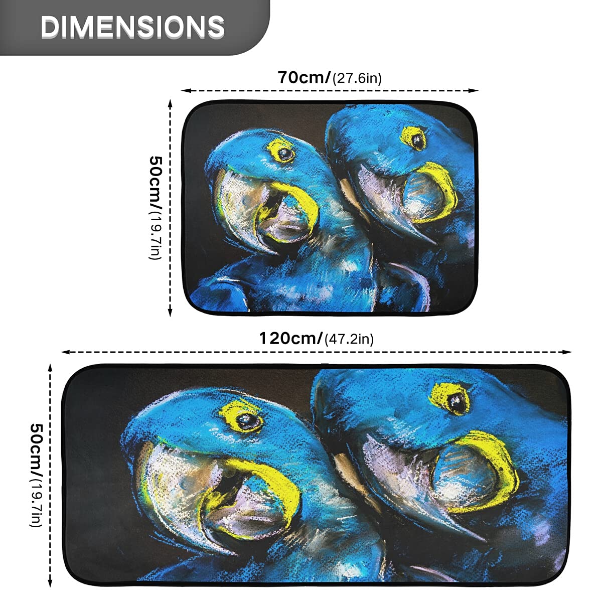 Pastel Blue Parrots Kitchen Rugs and Mats Set - 2 Piece Non-Slip Washable Runner Rug for Kitchen Floor, Home, Sink, Laundry & Office - Perfect for High Traffic Areas & Pet-Friendly Homes
