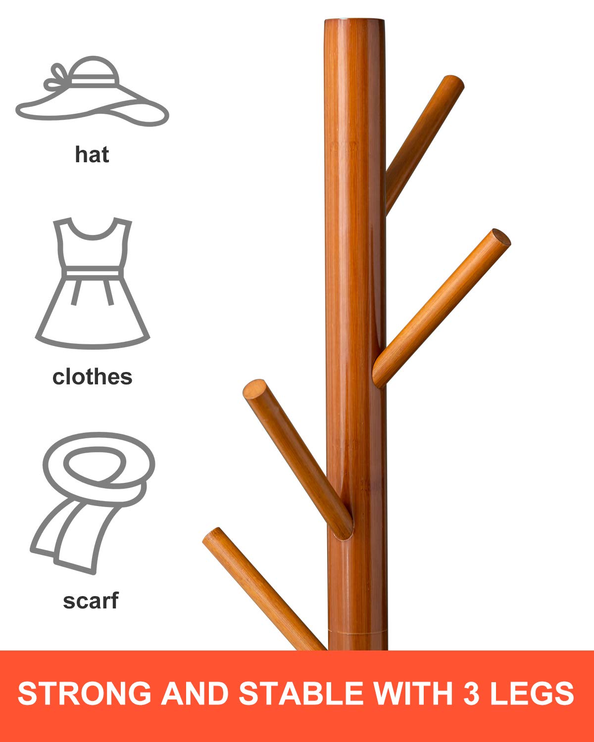 BMOSU Freestanding Coat Rack Stand - 8 Hooks Bamboo Wooden Coat Tree with 3 Adjustable Height - Space Saving Jacket Hanger for Hallway, Corner, Parlor (Brown) - Perfect for Entryway, Bedroom & Closet Organization
