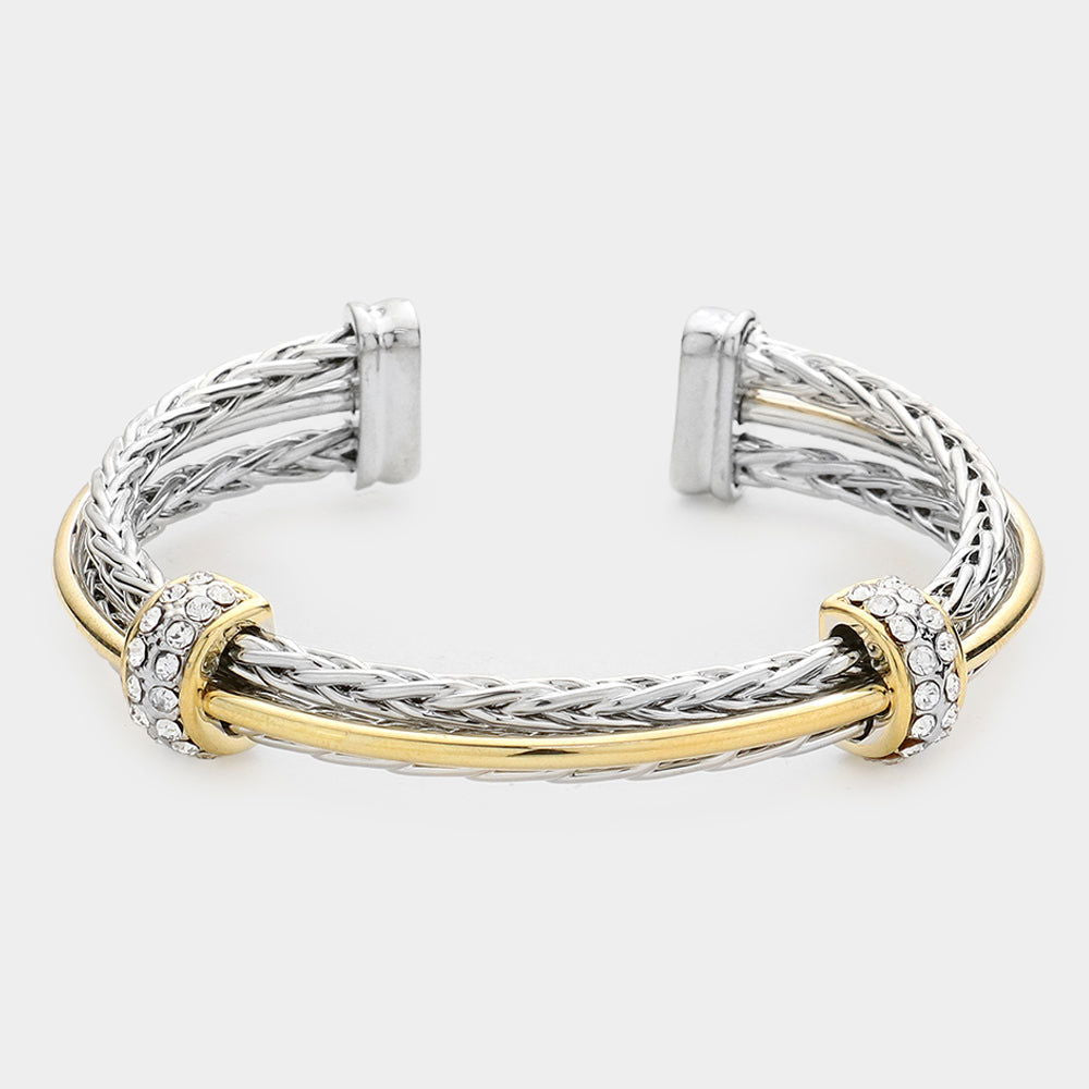 Silver & Gold Two Tone Rhinestone Cable Cuff Bracelet for Women - Elegant Fashion Jewelry for Parties, Weddings & Special Occasions | M H W ACCESSORIES