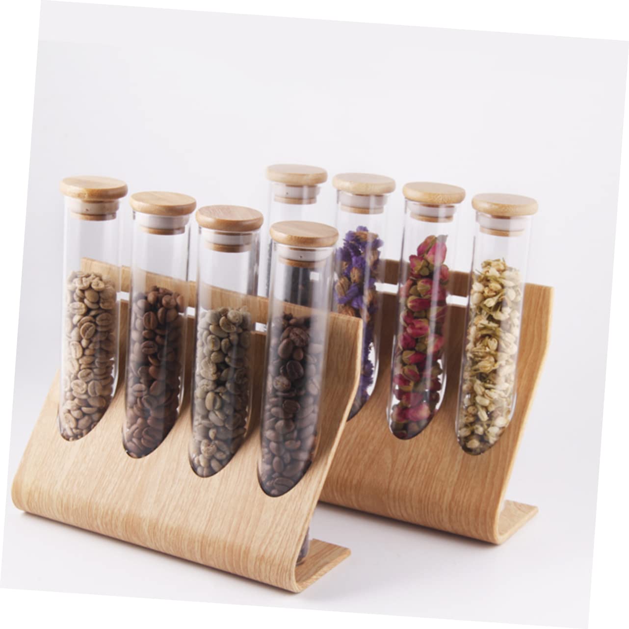 Cabilock 12-Piece Glass Test Tube Set with Wooden Holder Rack & Stoppers - Clear Glass Storage Jars for Coffee Beans, Spices, Tea, Sugar & Candy - Perfect for Kitchen Organization, Coffee Shops & DIY Craft Display